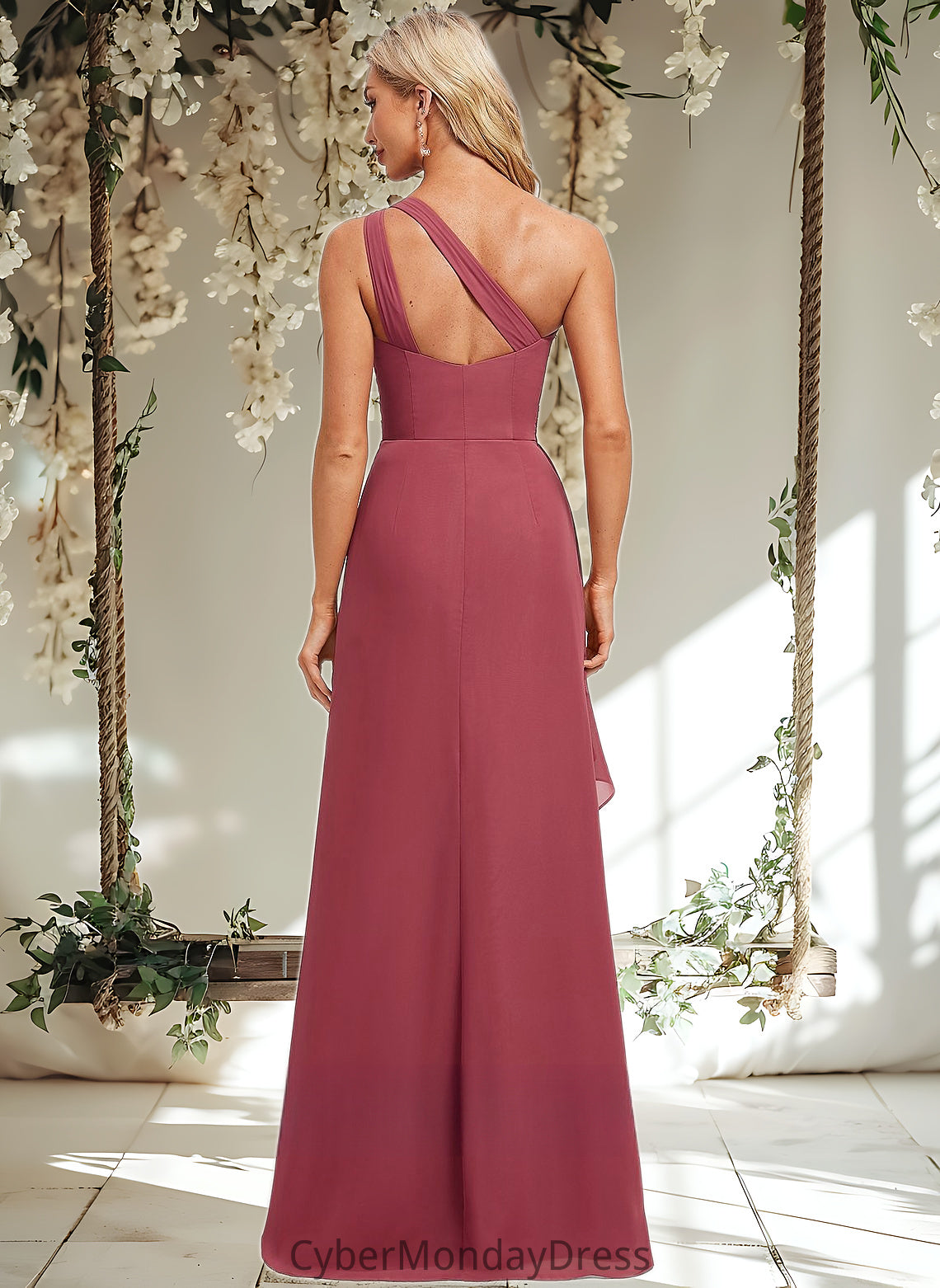 Vicky A-line One Shoulder Floor-Length Chiffon Bridesmaid Dress With Ruffle DTP0025824