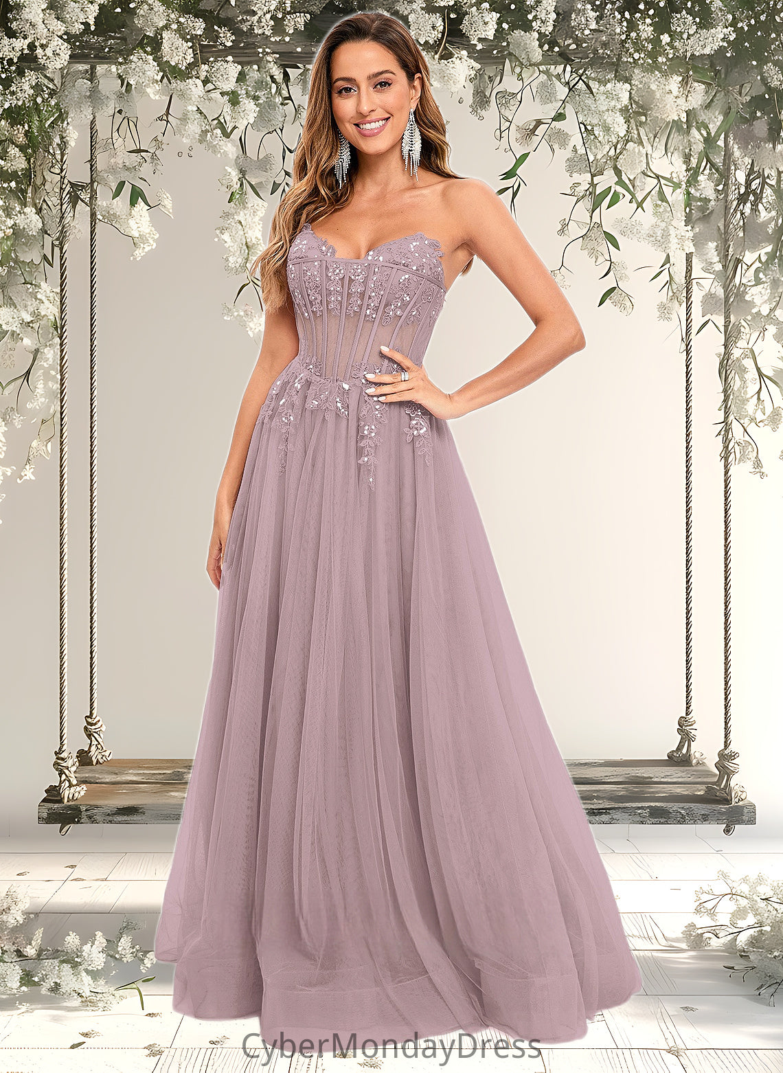 Morgan Ball-Gown/Princess V-Neck Floor-Length Tulle Prom Dresses With Sequins Appliques Lace DTP0025837