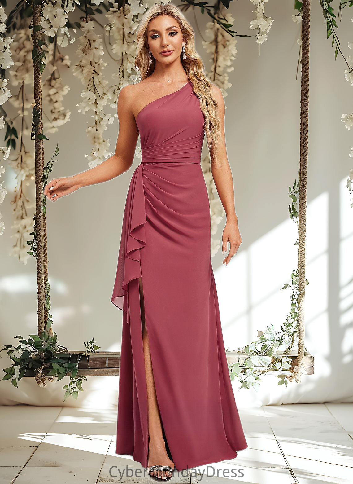 Vicky A-line One Shoulder Floor-Length Chiffon Bridesmaid Dress With Ruffle DTP0025824