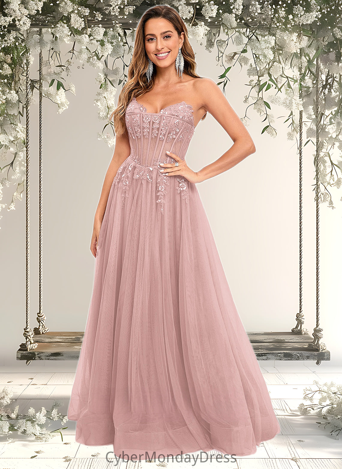 Morgan Ball-Gown/Princess V-Neck Floor-Length Tulle Prom Dresses With Sequins Appliques Lace DTP0025837