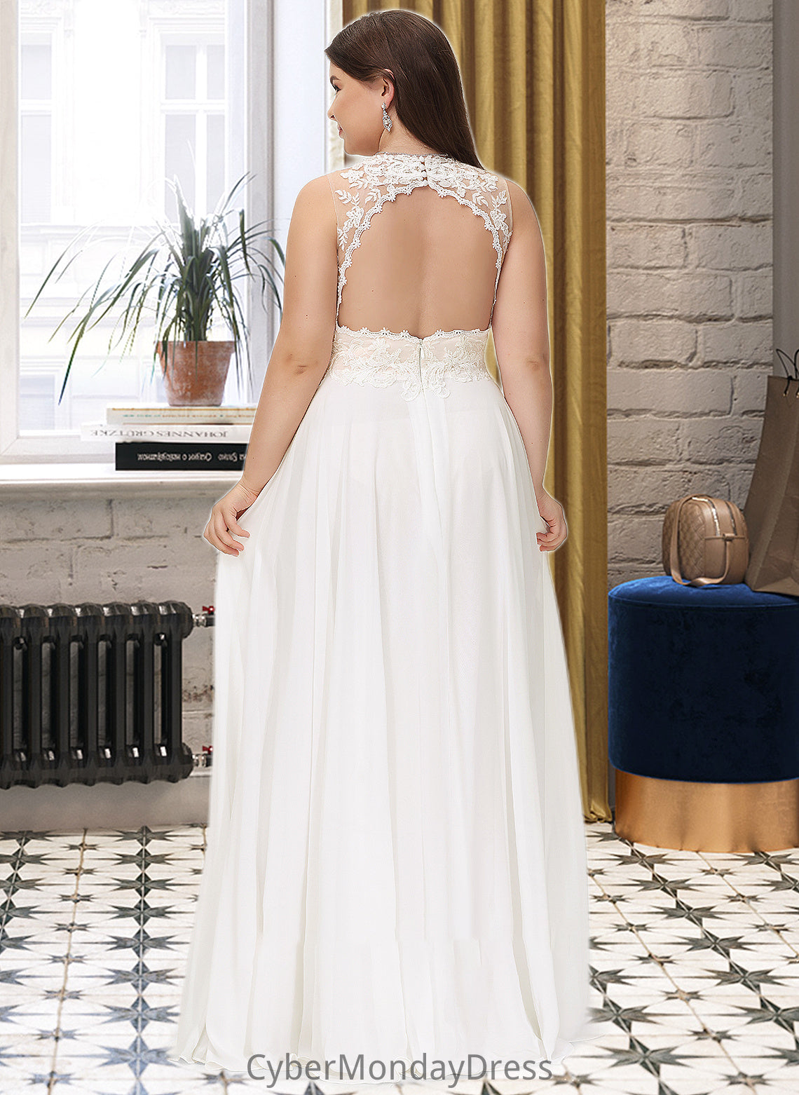 Melinda A-Line V-neck Sweep Train Chiffon Lace Wedding Dress With Lace DTP0013677