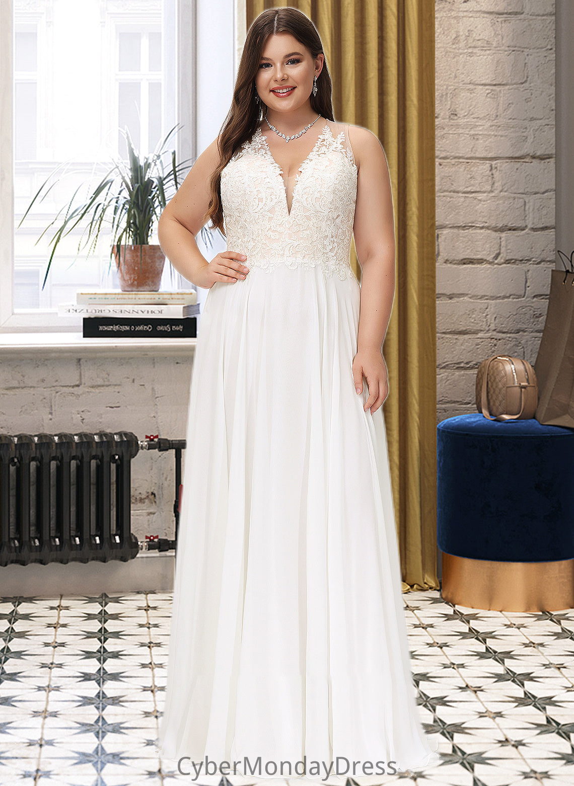 Melinda A-Line V-neck Sweep Train Chiffon Lace Wedding Dress With Lace DTP0013677