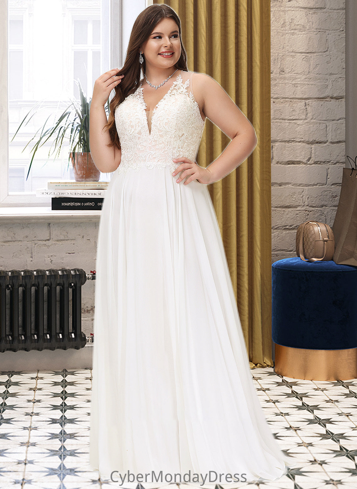 Melinda A-Line V-neck Sweep Train Chiffon Lace Wedding Dress With Lace DTP0013677