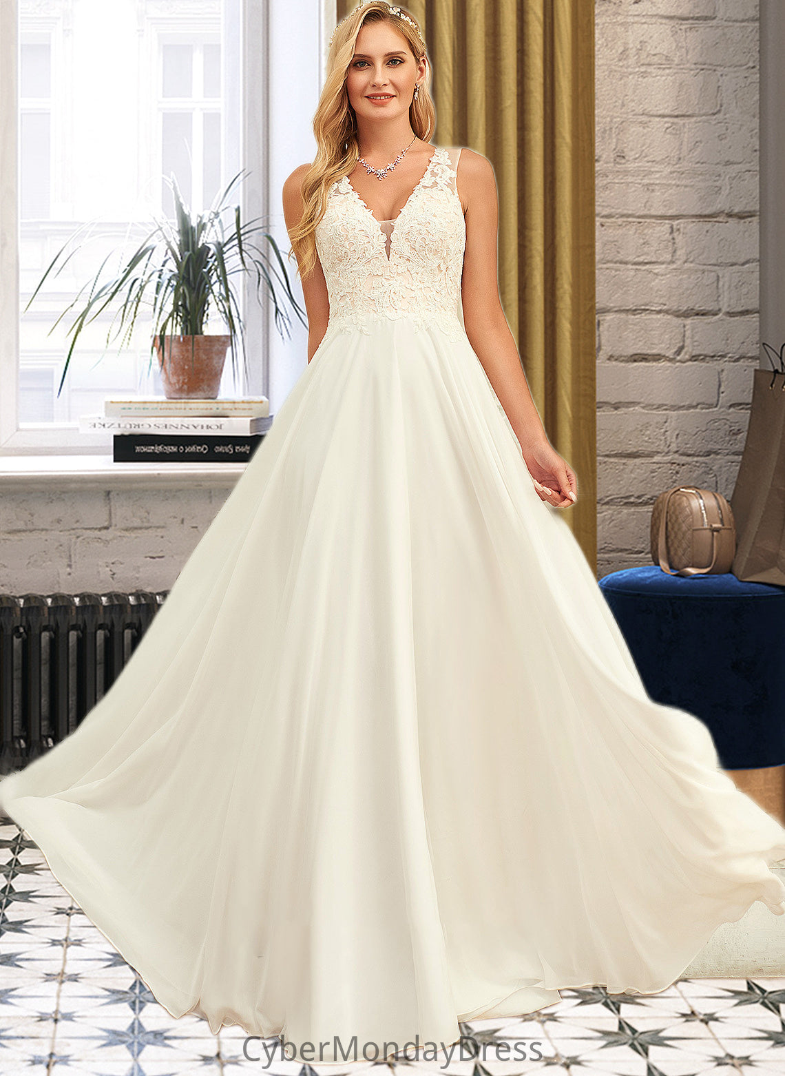 Melinda A-Line V-neck Sweep Train Chiffon Lace Wedding Dress With Lace DTP0013677