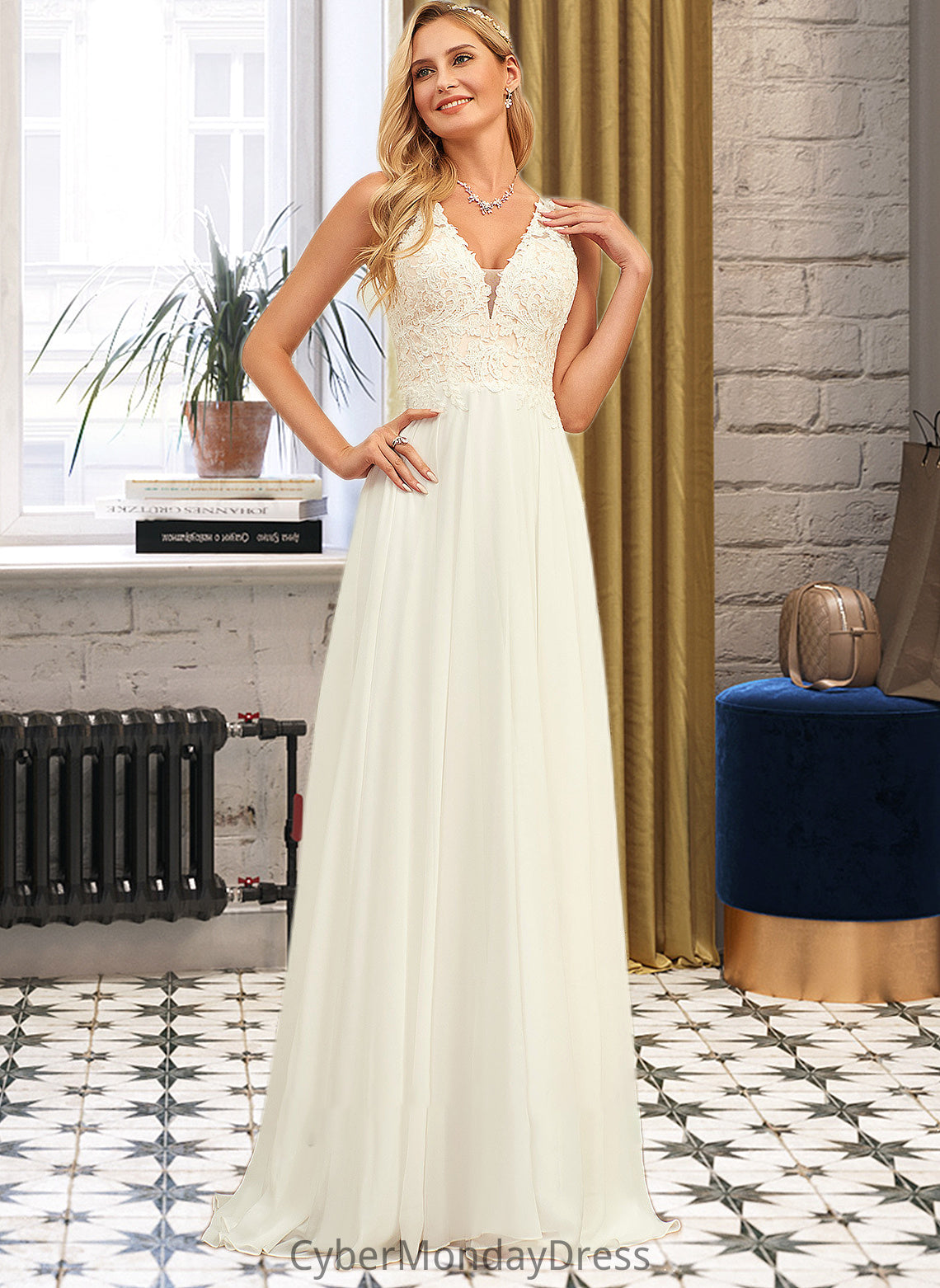 Melinda A-Line V-neck Sweep Train Chiffon Lace Wedding Dress With Lace DTP0013677