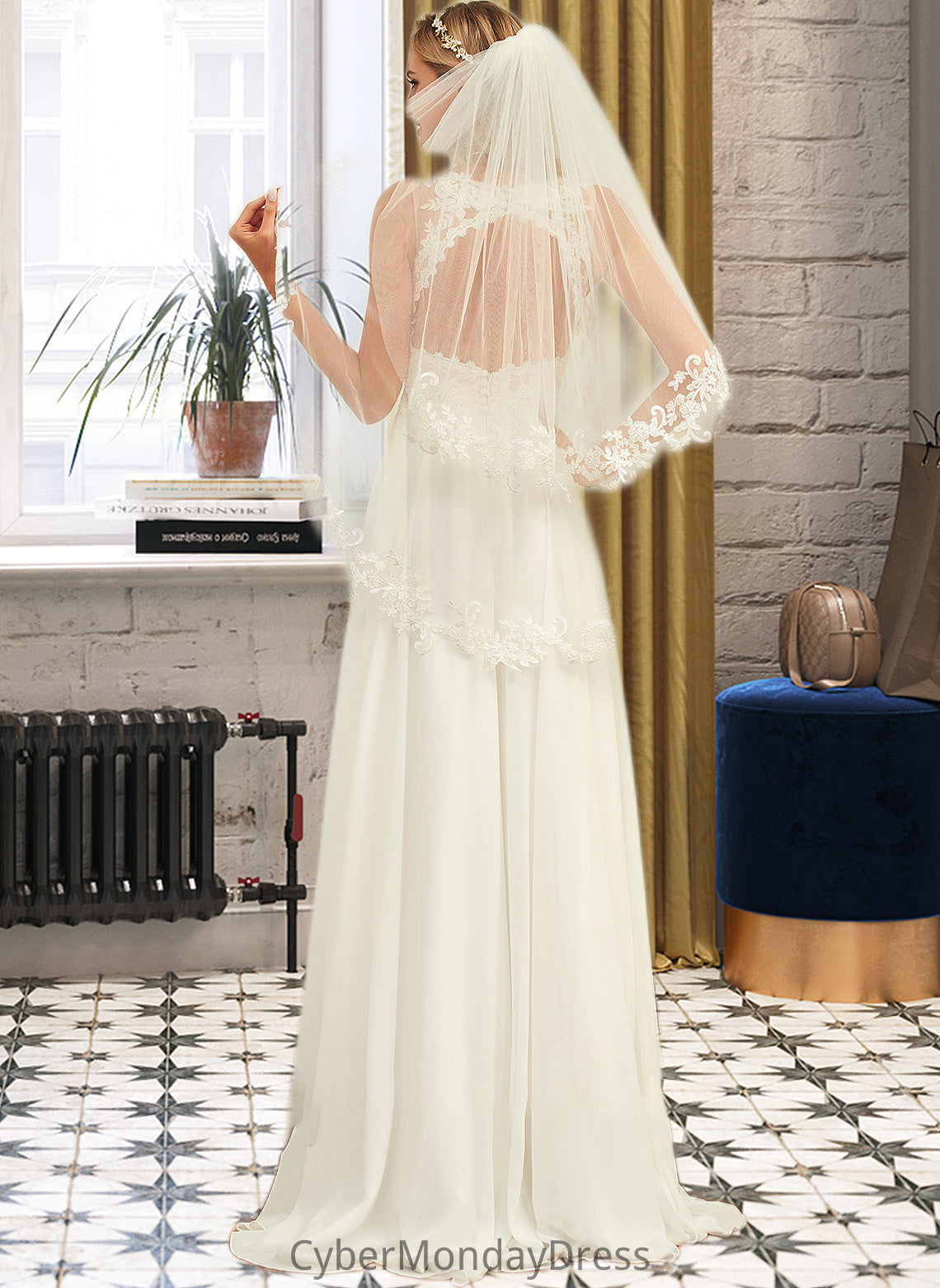 Melinda A-Line V-neck Sweep Train Chiffon Lace Wedding Dress With Lace DTP0013677