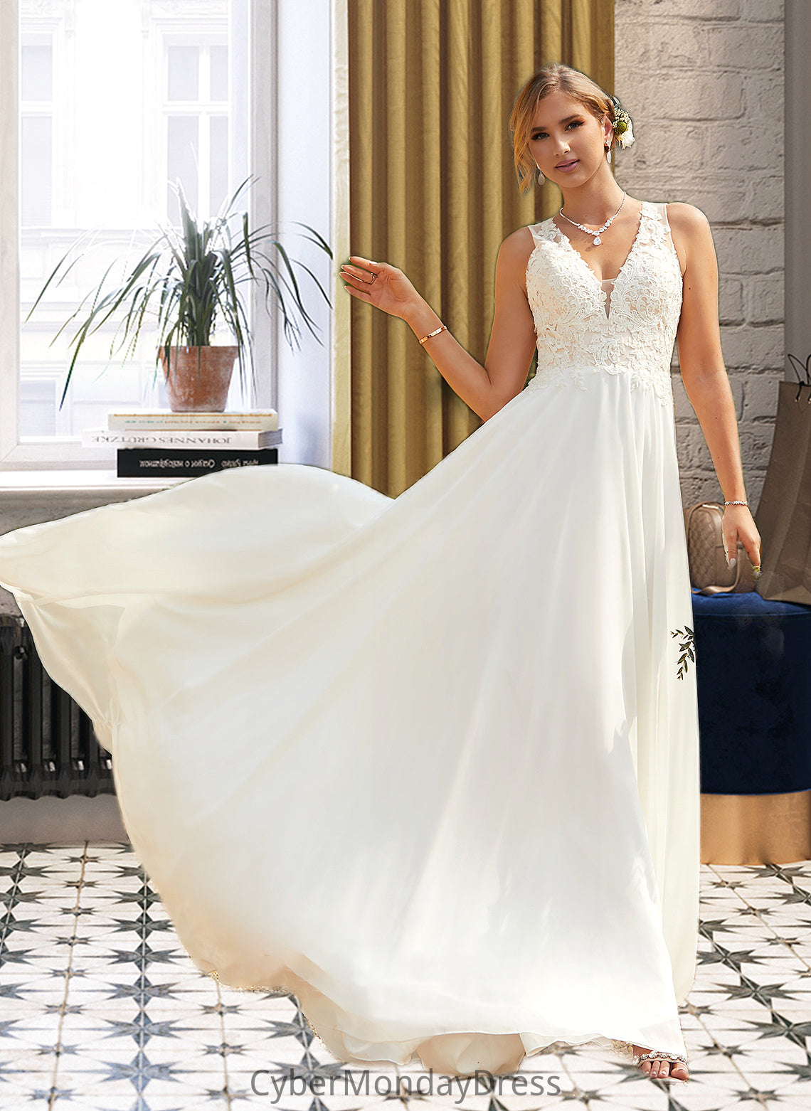 Melinda A-Line V-neck Sweep Train Chiffon Lace Wedding Dress With Lace DTP0013677