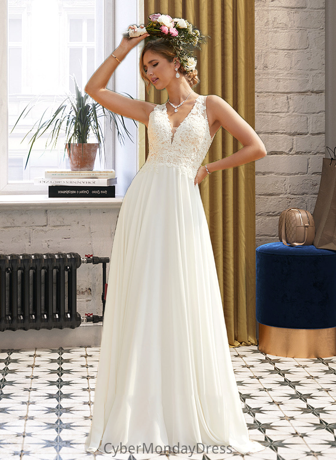 Melinda A-Line V-neck Sweep Train Chiffon Lace Wedding Dress With Lace DTP0013677