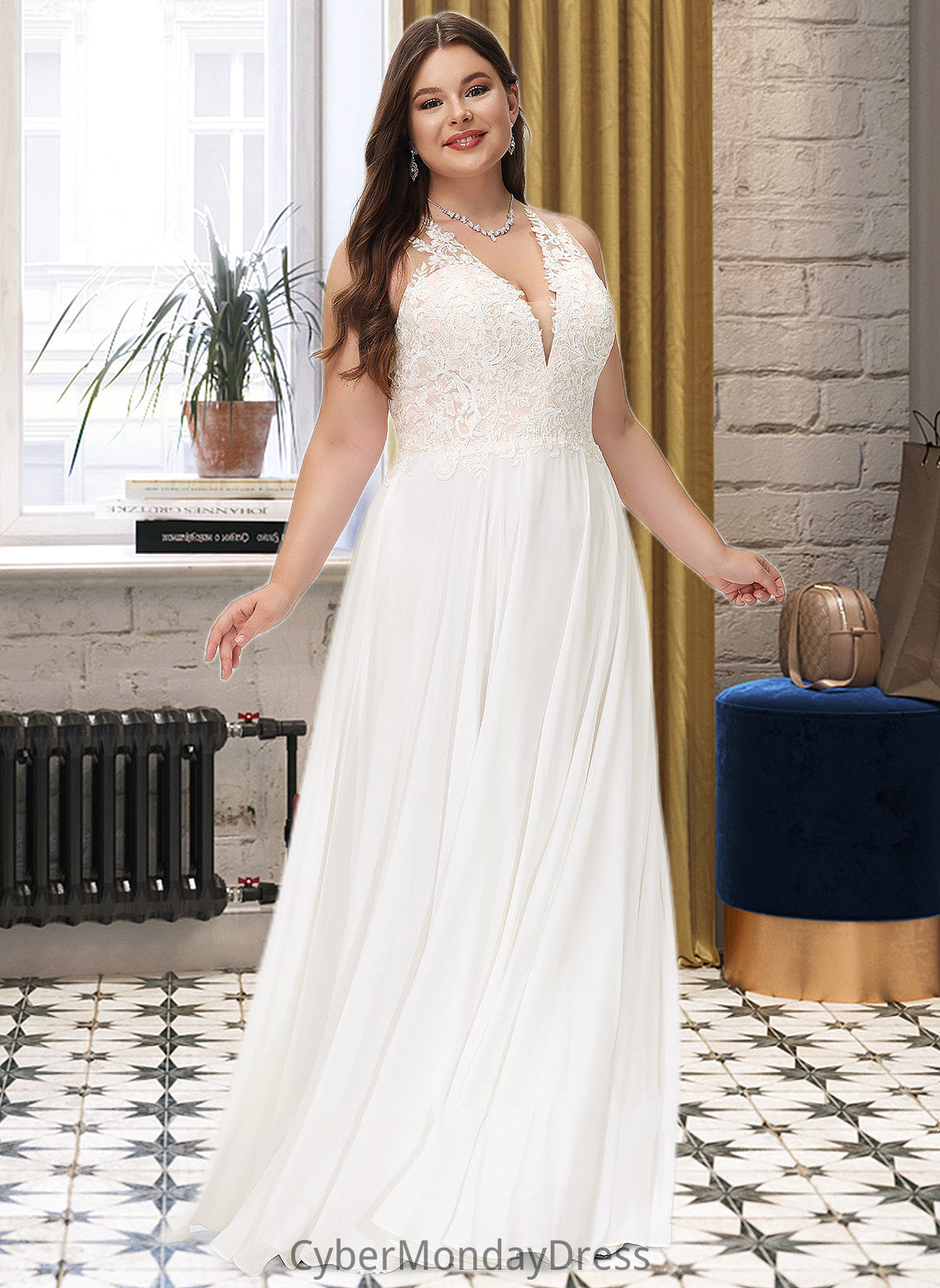 Melinda A-Line V-neck Sweep Train Chiffon Lace Wedding Dress With Lace DTP0013677