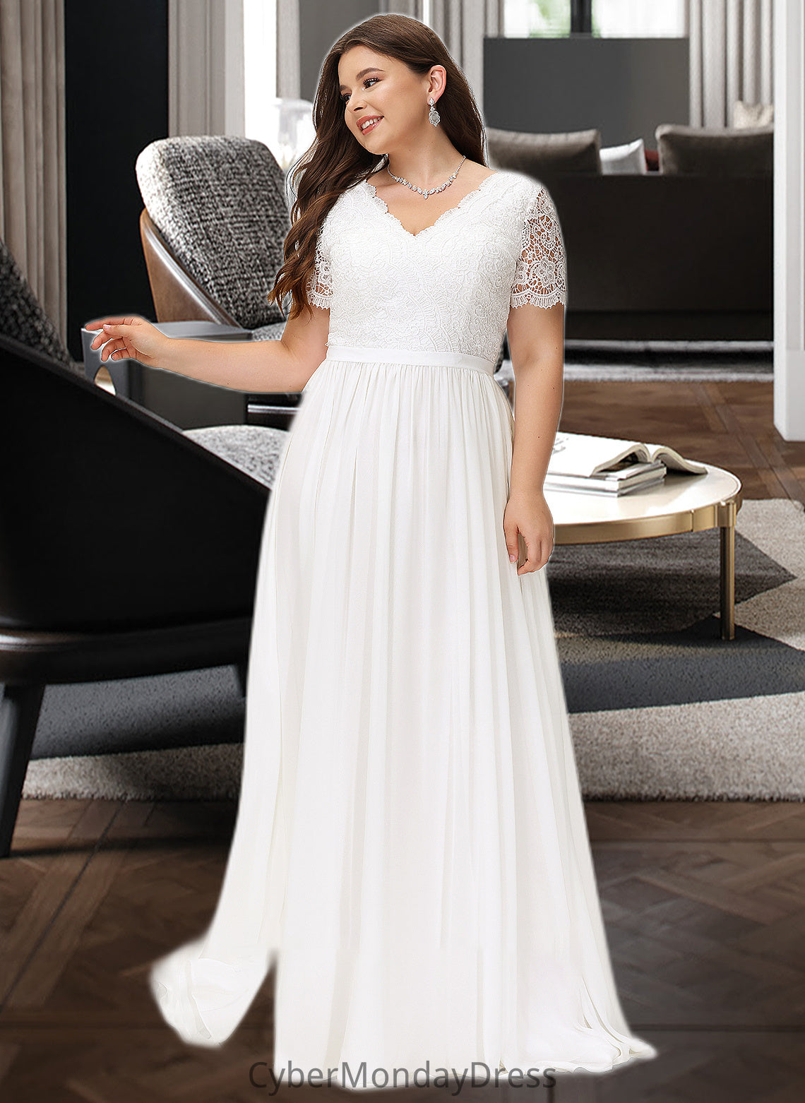 Kaya A-Line V-neck Floor-Length Chiffon Lace Wedding Dress DTP0013678