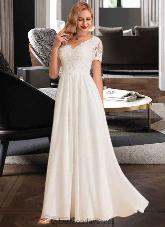 Kaya A-Line V-neck Floor-Length Chiffon Lace Wedding Dress DTP0013678