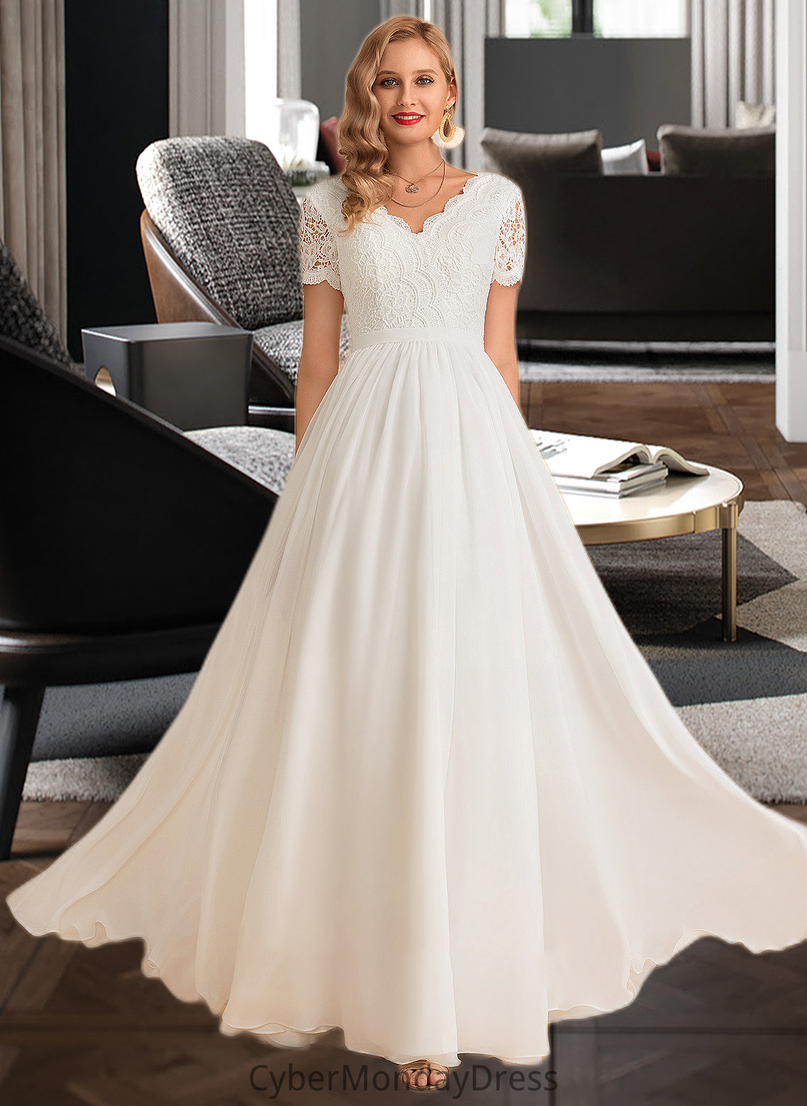 Kaya A-Line V-neck Floor-Length Chiffon Lace Wedding Dress DTP0013678