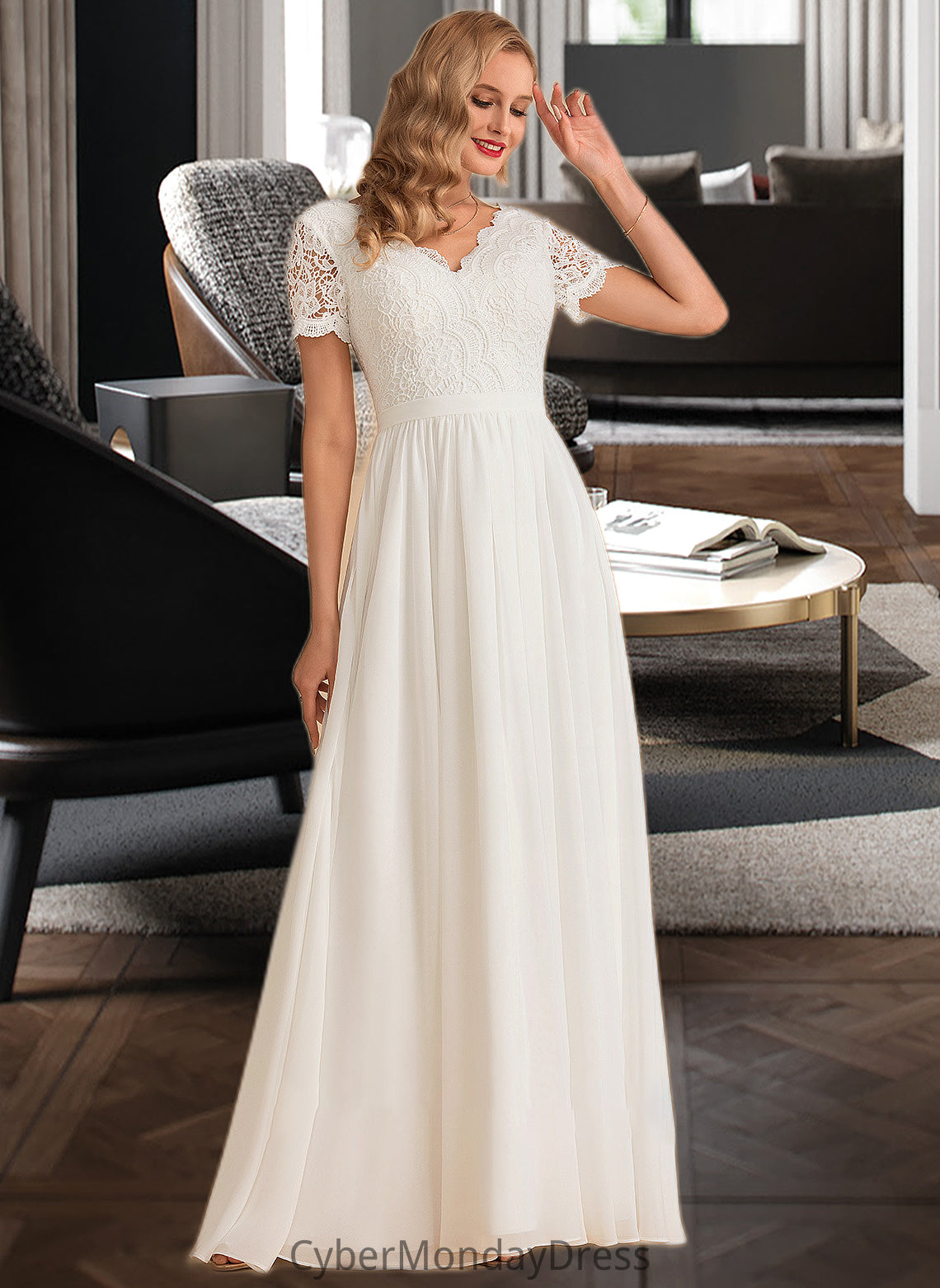 Kaya A-Line V-neck Floor-Length Chiffon Lace Wedding Dress DTP0013678