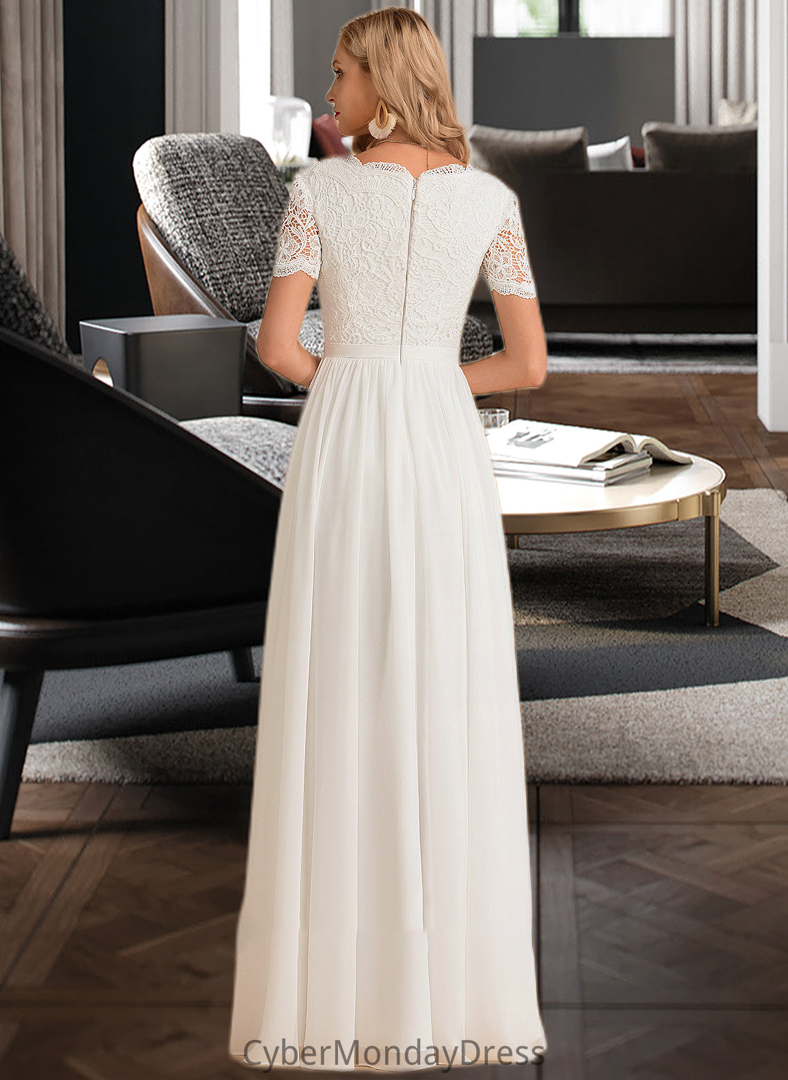 Kaya A-Line V-neck Floor-Length Chiffon Lace Wedding Dress DTP0013678