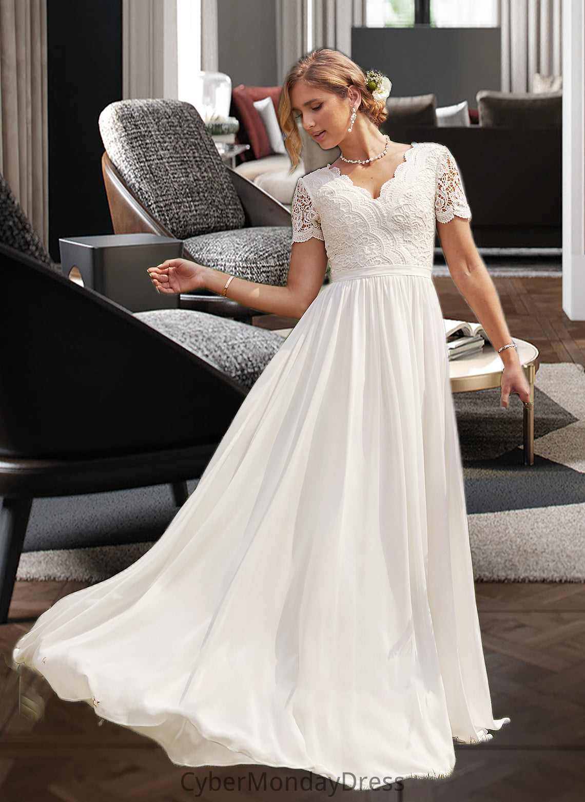 Kaya A-Line V-neck Floor-Length Chiffon Lace Wedding Dress DTP0013678