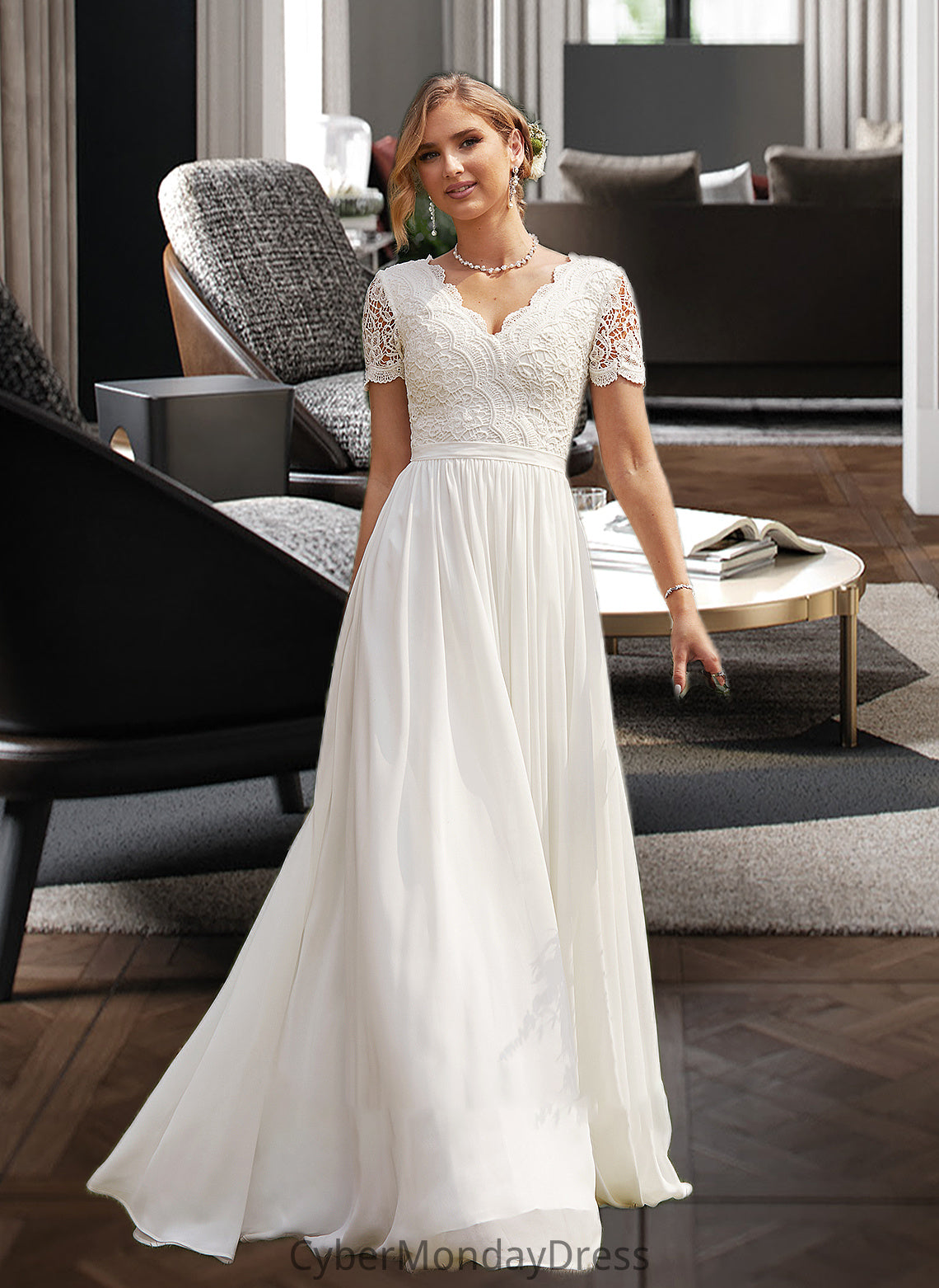 Kaya A-Line V-neck Floor-Length Chiffon Lace Wedding Dress DTP0013678