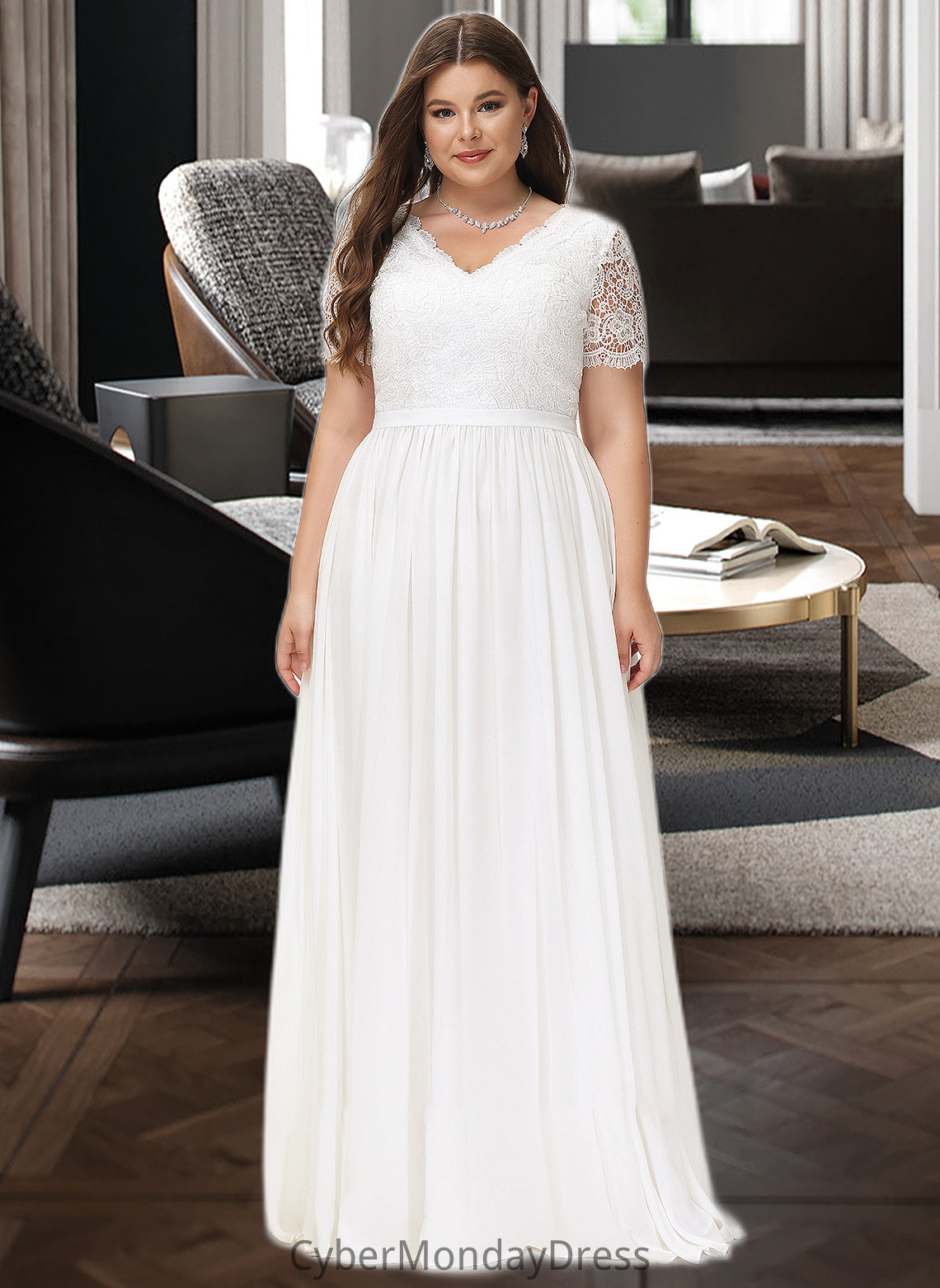 Kaya A-Line V-neck Floor-Length Chiffon Lace Wedding Dress DTP0013678