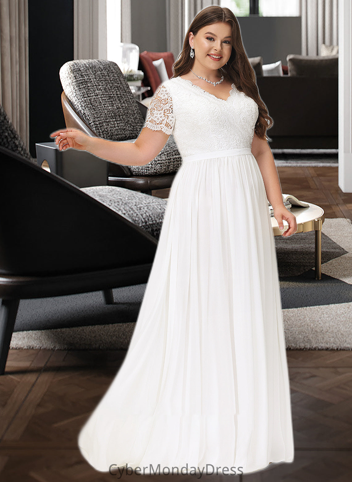 Kaya A-Line V-neck Floor-Length Chiffon Lace Wedding Dress DTP0013678