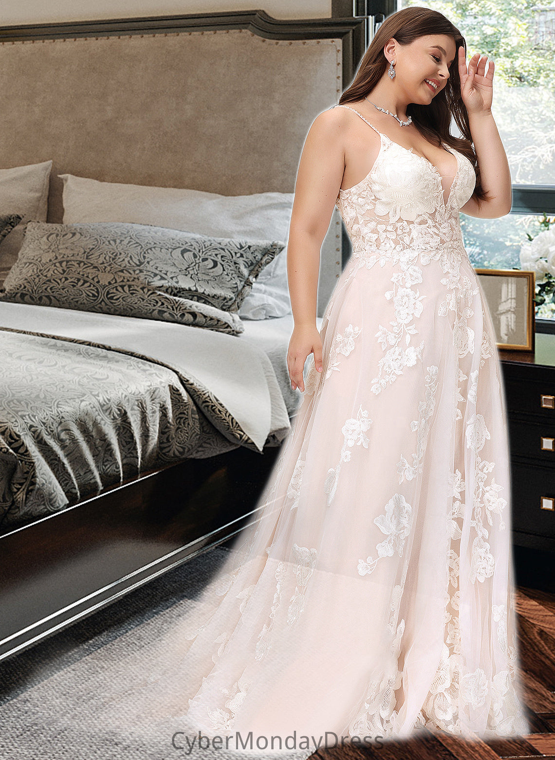 Linda Ball-Gown/Princess V-neck Court Train Tulle Lace Wedding Dress With Beading Pockets DTP0013679