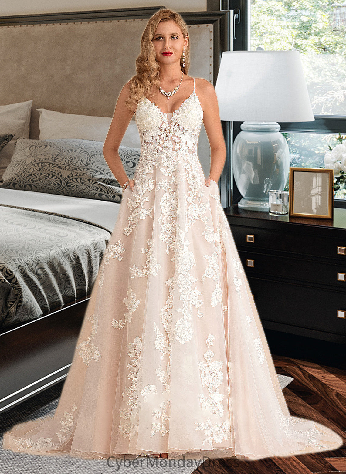 Linda Ball-Gown/Princess V-neck Court Train Tulle Lace Wedding Dress With Beading Pockets DTP0013679