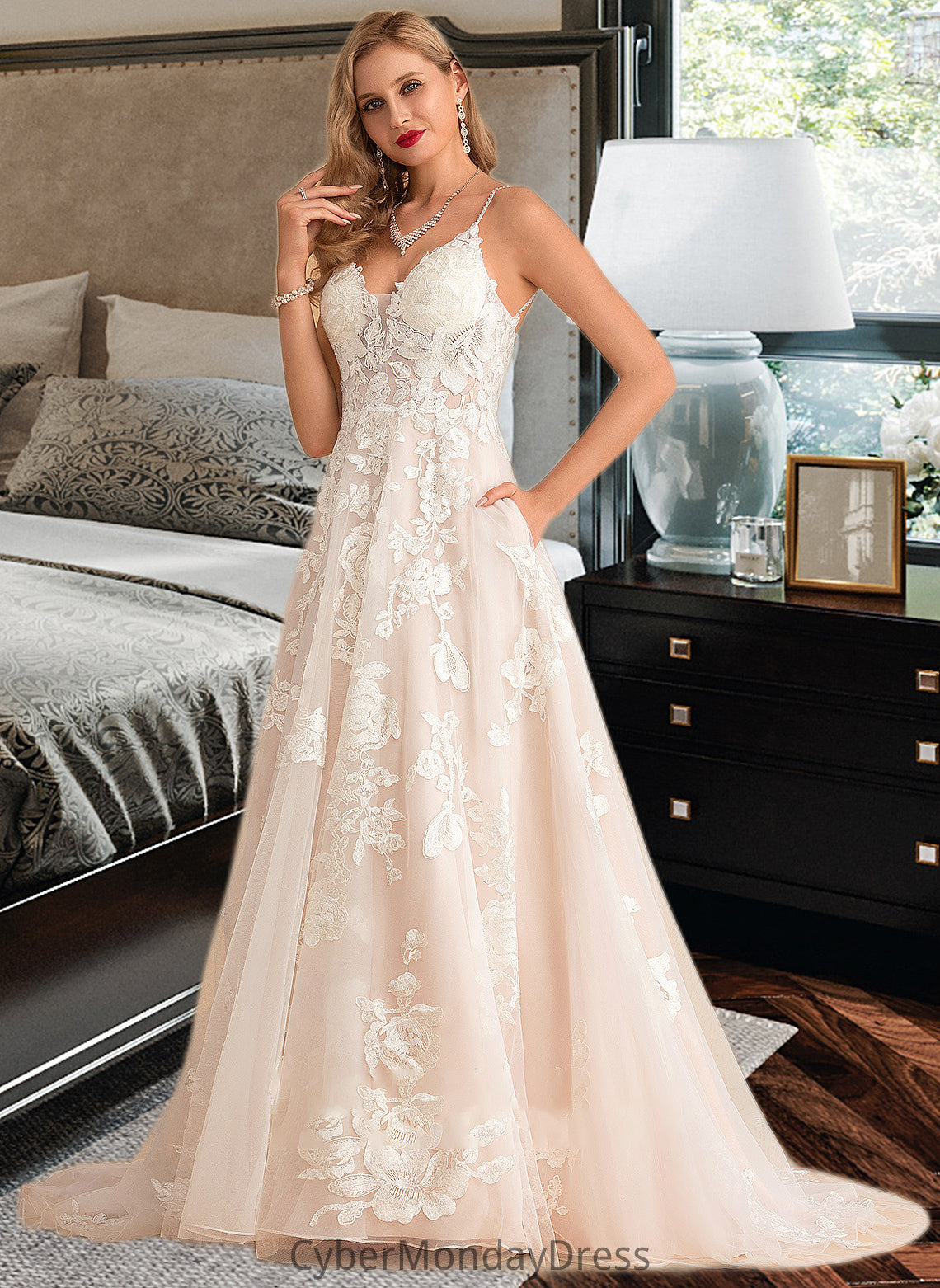 Linda Ball-Gown/Princess V-neck Court Train Tulle Lace Wedding Dress With Beading Pockets DTP0013679