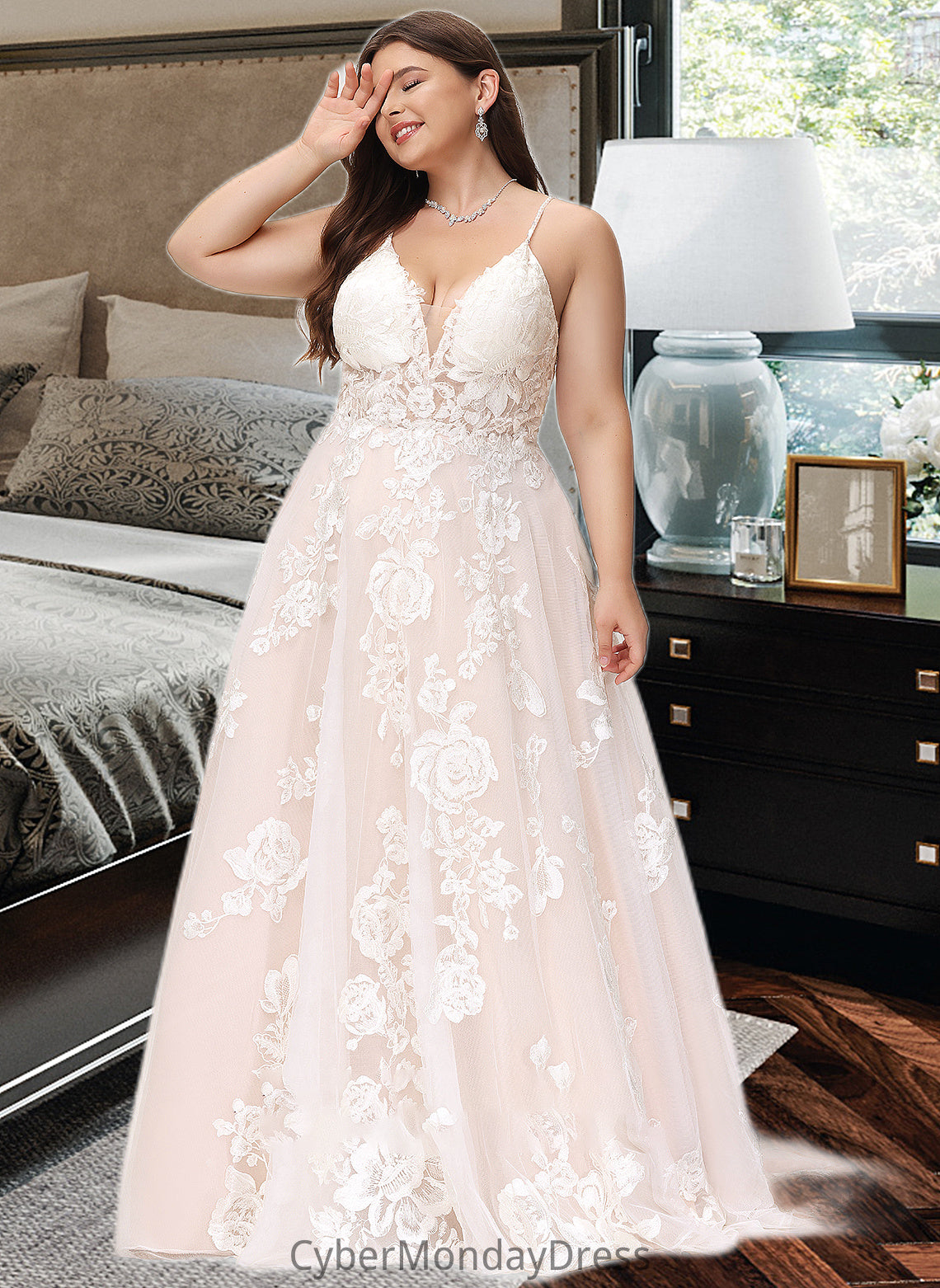 Linda Ball-Gown/Princess V-neck Court Train Tulle Lace Wedding Dress With Beading Pockets DTP0013679