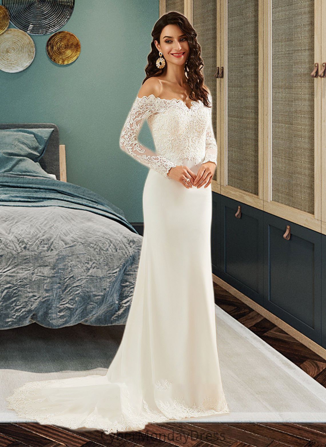 Reese Trumpet/Mermaid Off-the-Shoulder Court Train Wedding Dress With Lace DTP0013680