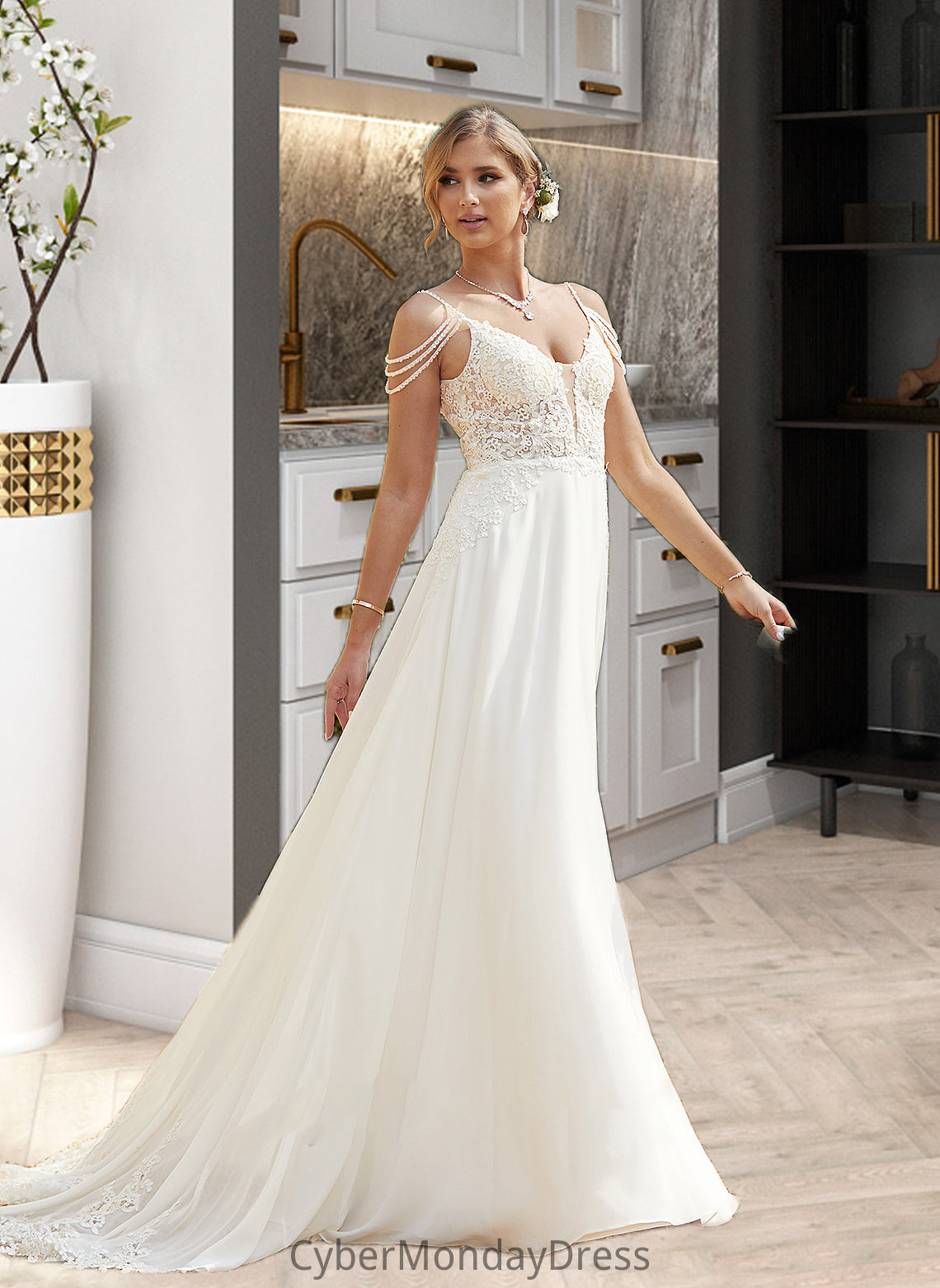 Aubrey A-Line V-neck Sweep Train Chiffon Lace Wedding Dress With Beading Sequins DTP0013681