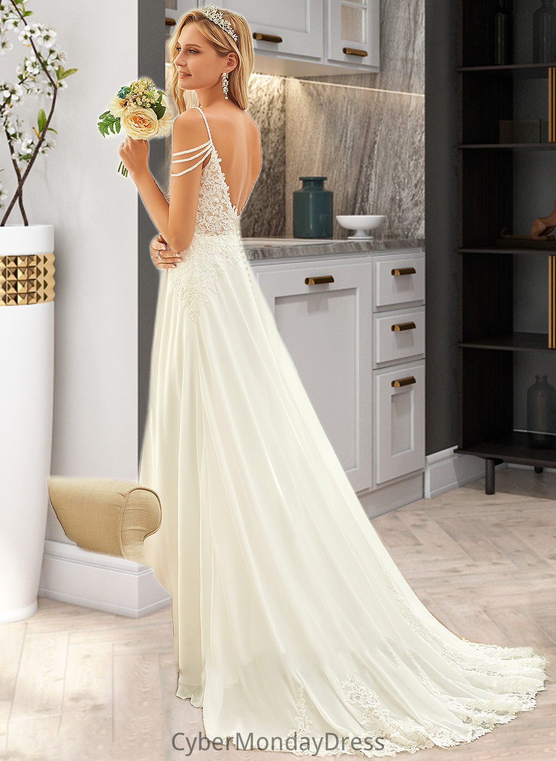 Aubrey A-Line V-neck Sweep Train Chiffon Lace Wedding Dress With Beading Sequins DTP0013681