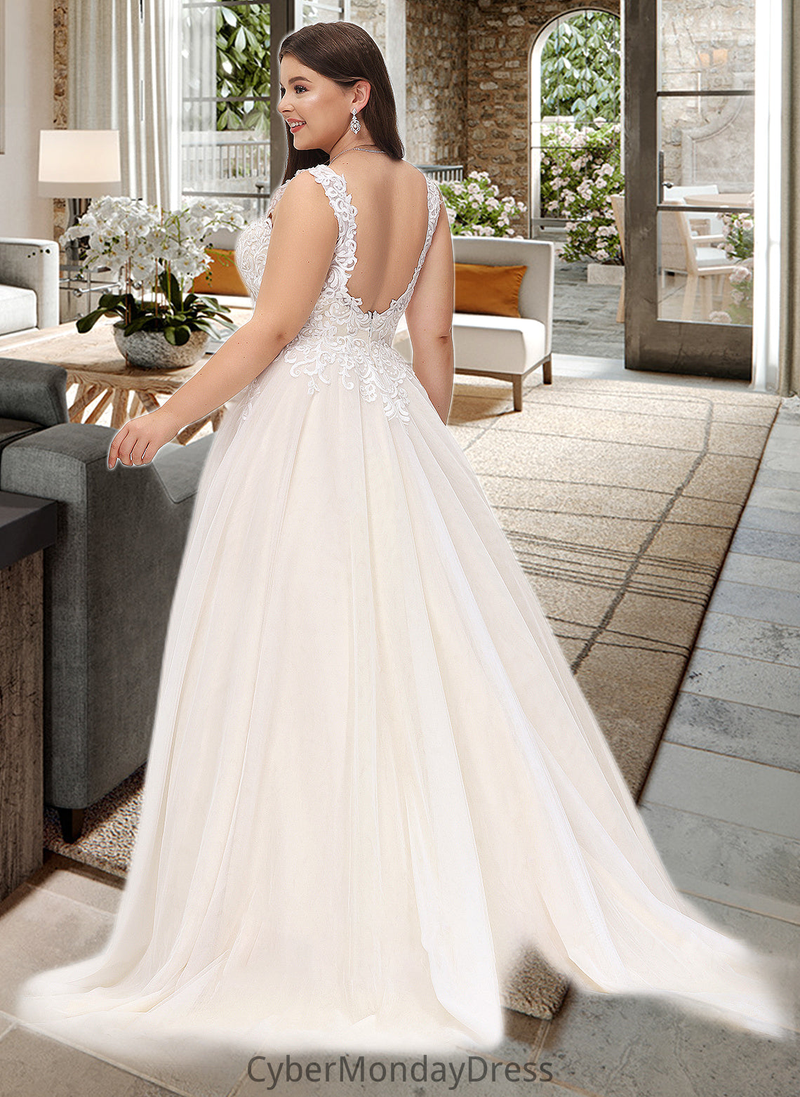 Ruth Ball-Gown/Princess V-neck Court Train Tulle Wedding Dress DTP0013682