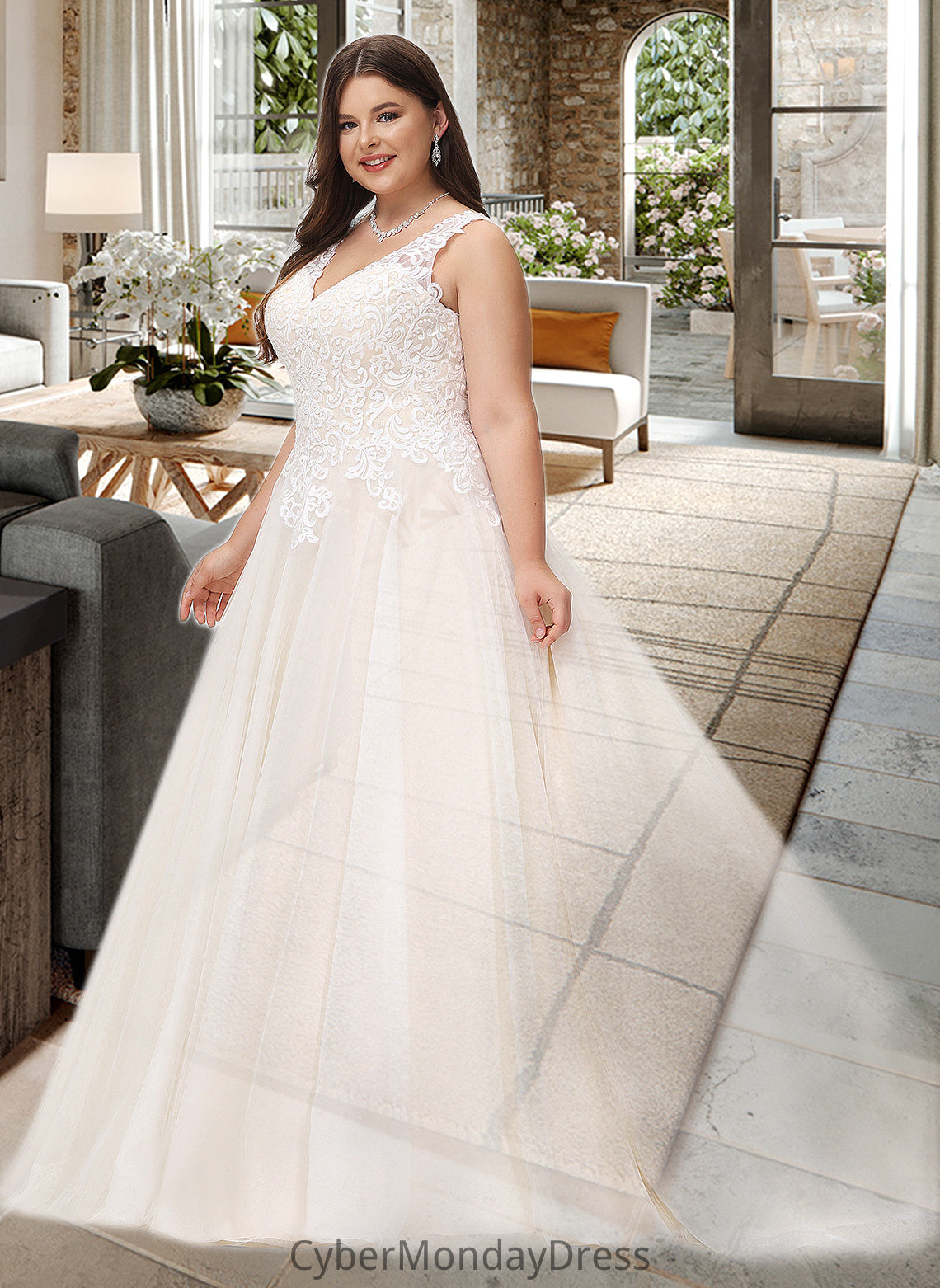 Ruth Ball-Gown/Princess V-neck Court Train Tulle Wedding Dress DTP0013682