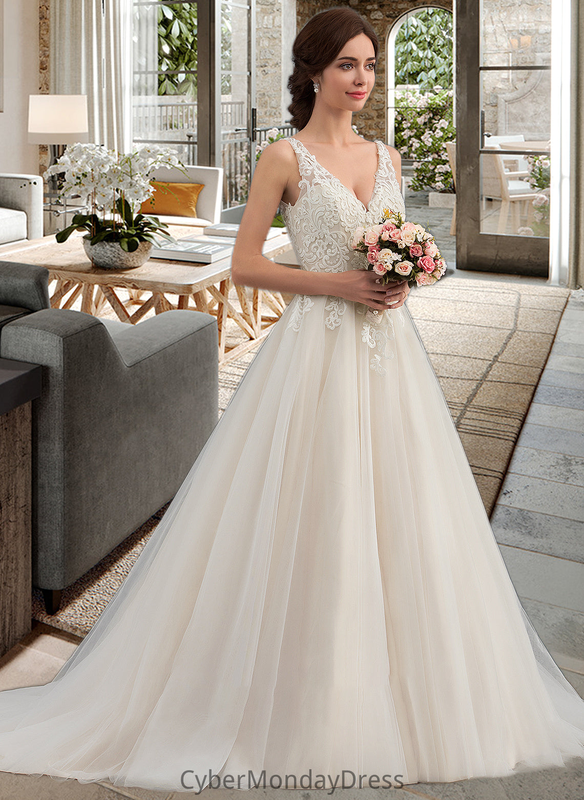 Ruth Ball-Gown/Princess V-neck Court Train Tulle Wedding Dress DTP0013682