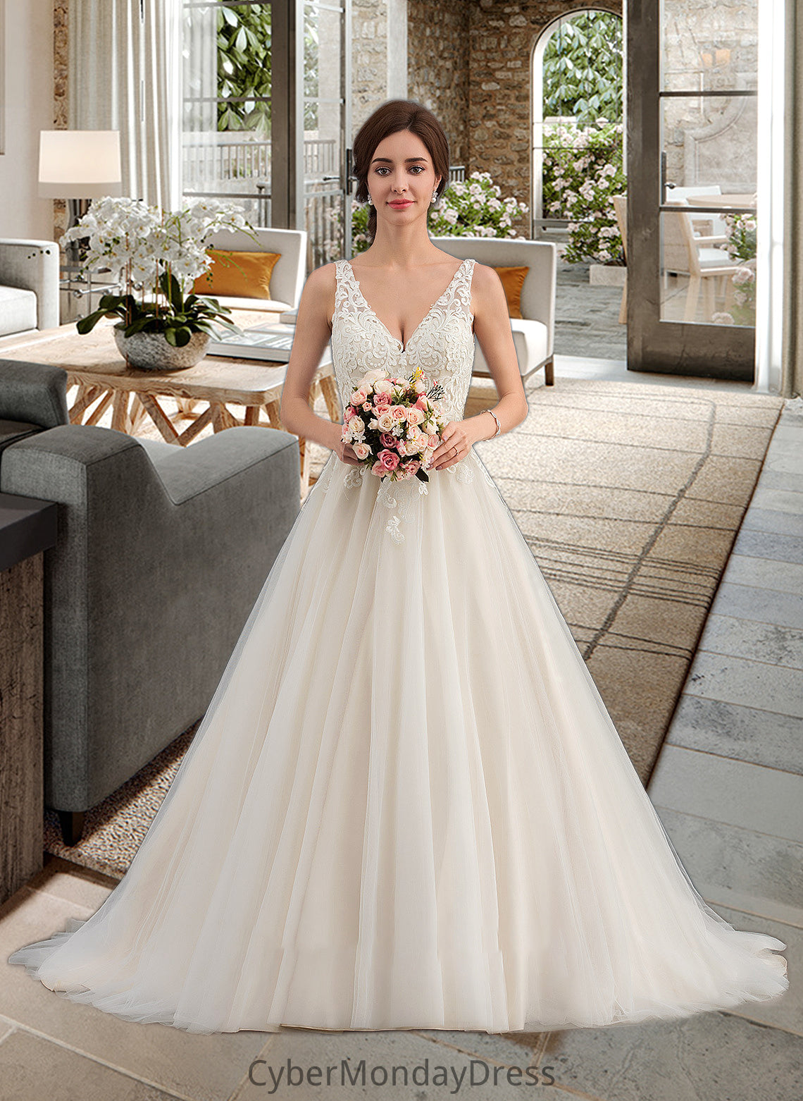 Ruth Ball-Gown/Princess V-neck Court Train Tulle Wedding Dress DTP0013682