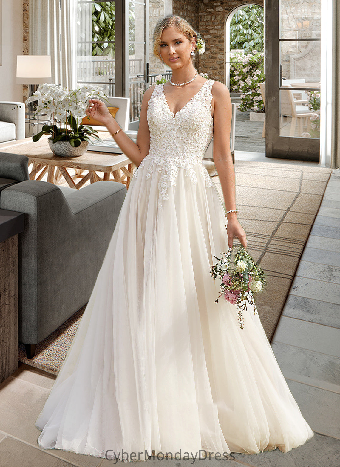 Ruth Ball-Gown/Princess V-neck Court Train Tulle Wedding Dress DTP0013682