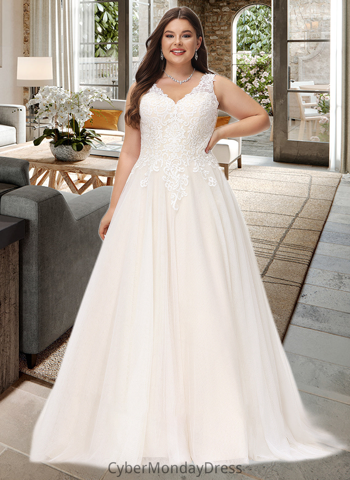 Ruth Ball-Gown/Princess V-neck Court Train Tulle Wedding Dress DTP0013682