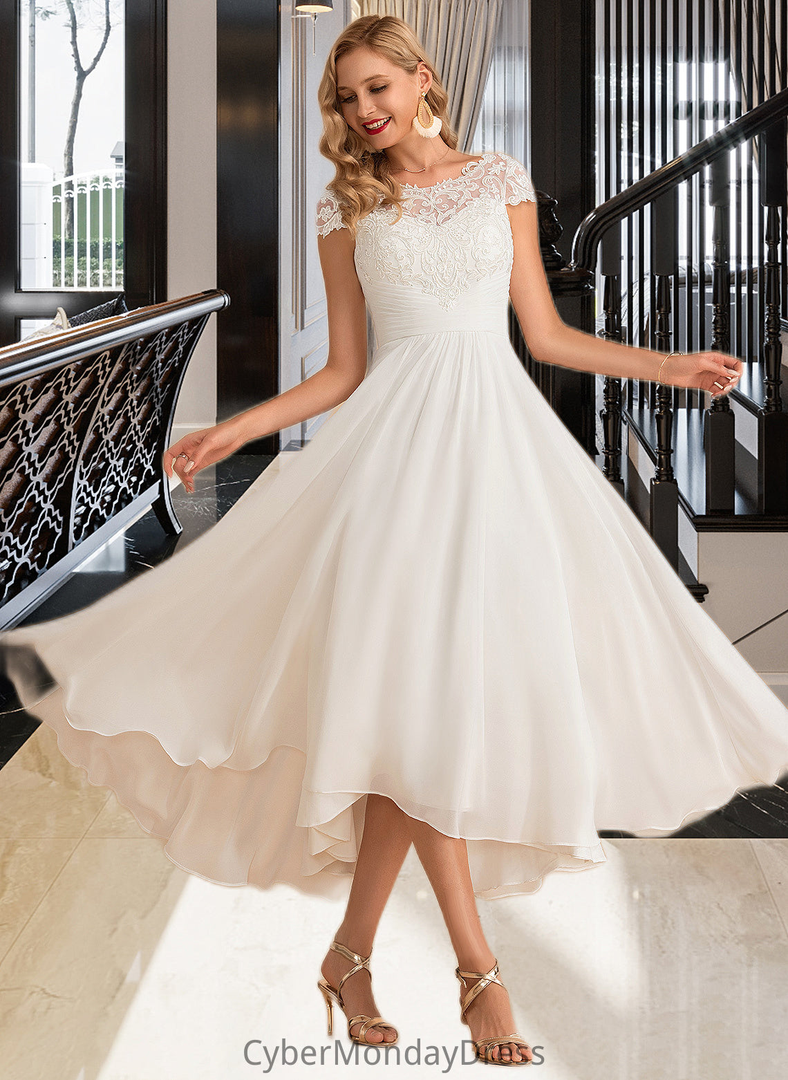 Aliyah A-Line Scoop Neck Asymmetrical Chiffon Wedding Dress DTP0013683