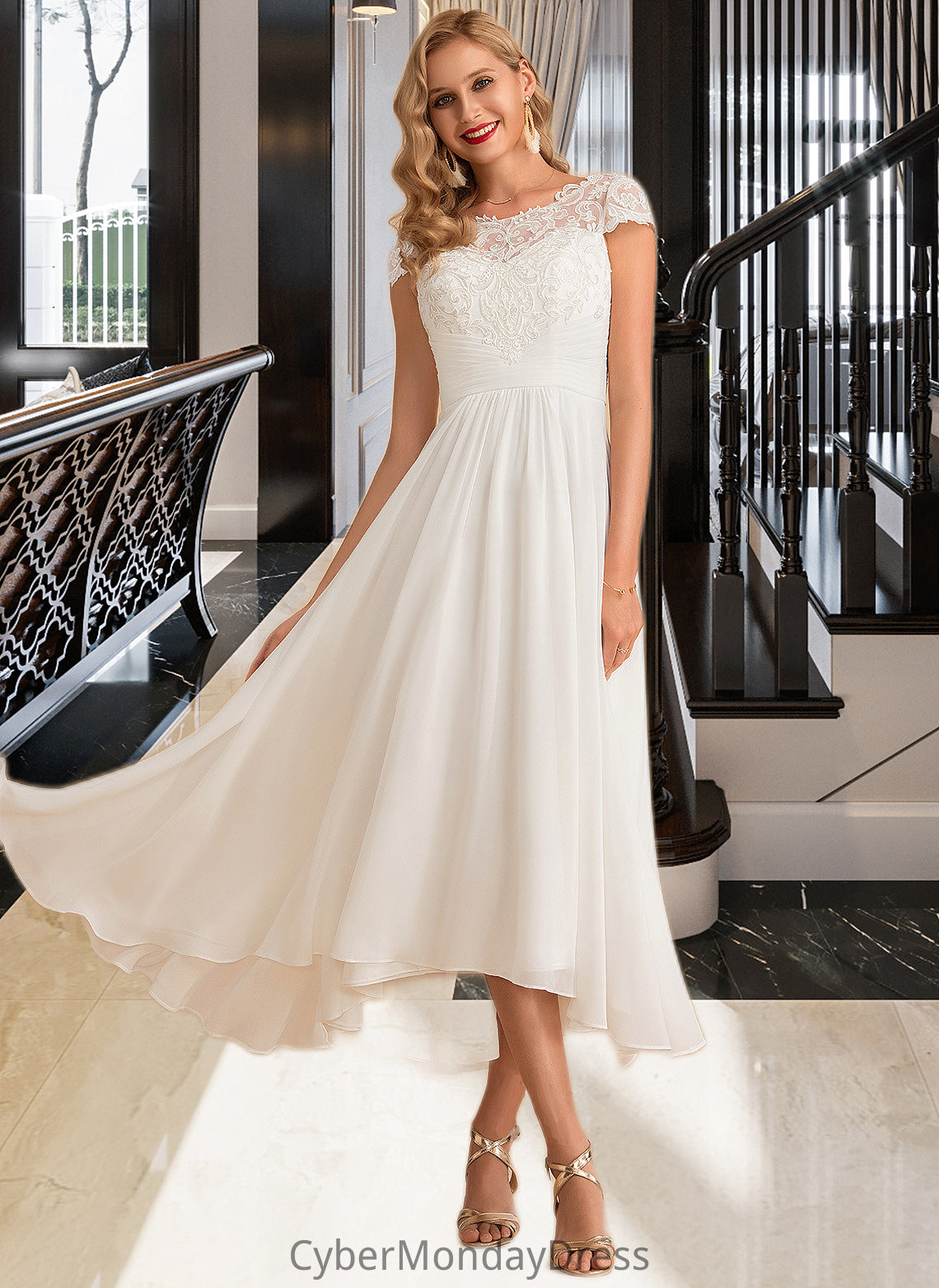 Aliyah A-Line Scoop Neck Asymmetrical Chiffon Wedding Dress DTP0013683