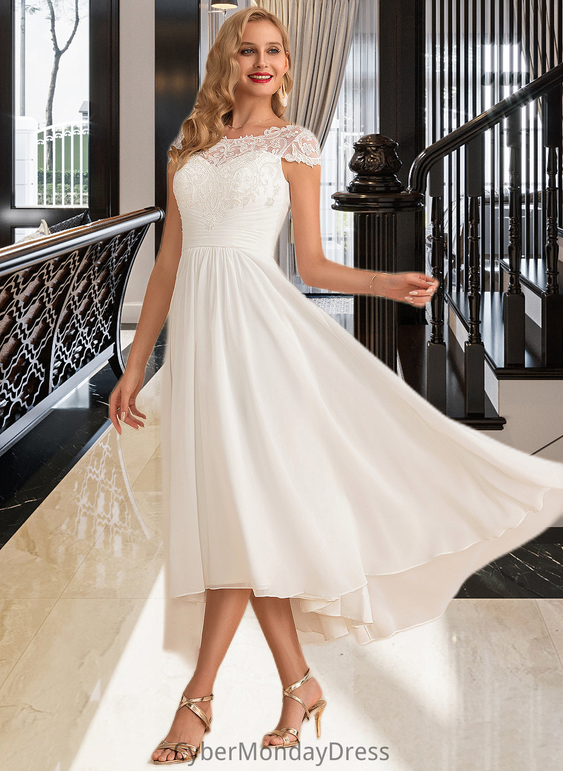 Aliyah A-Line Scoop Neck Asymmetrical Chiffon Wedding Dress DTP0013683