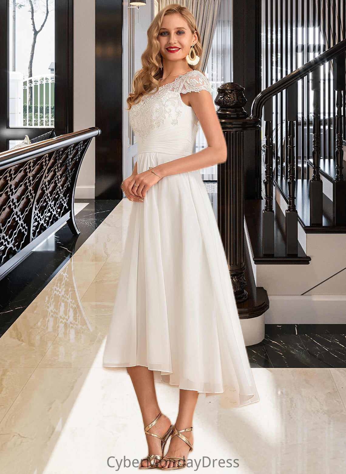 Aliyah A-Line Scoop Neck Asymmetrical Chiffon Wedding Dress DTP0013683