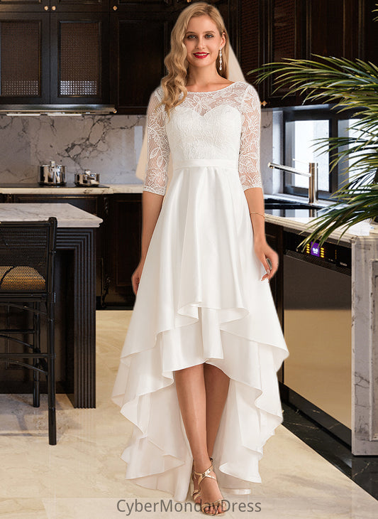 Kiana A-Line Scoop Neck Asymmetrical Satin Lace Wedding Dress DTP0013684