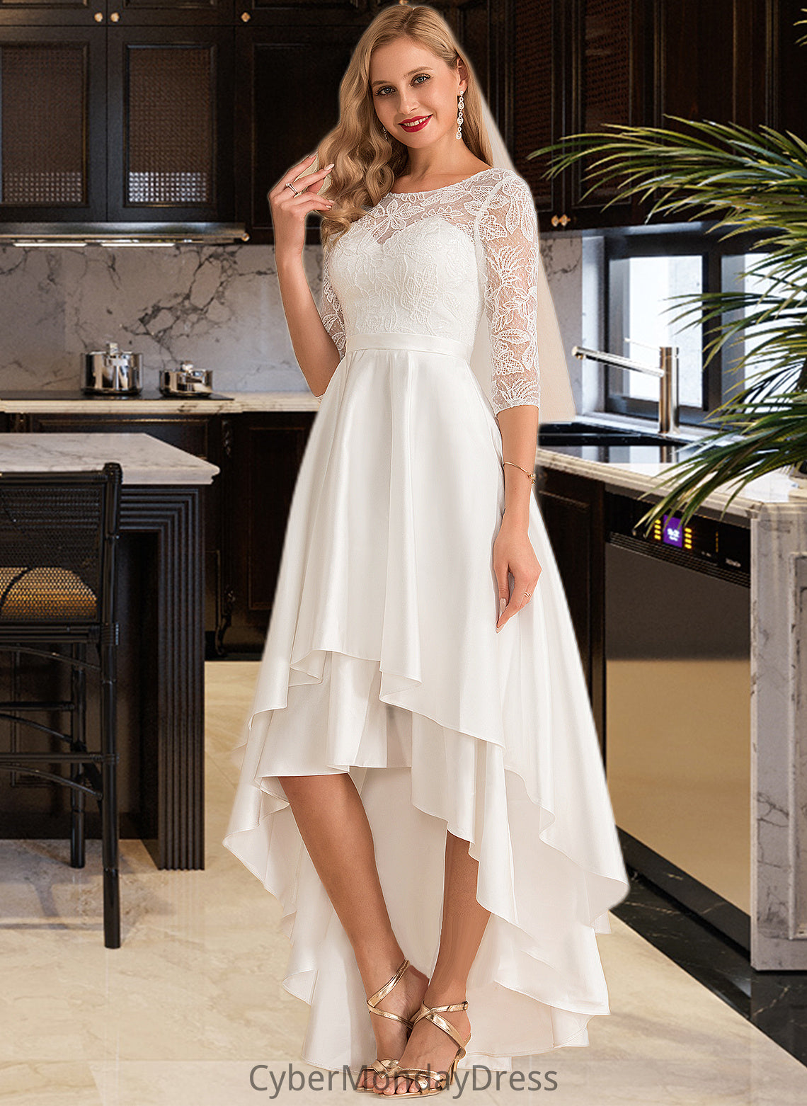 Kiana A-Line Scoop Neck Asymmetrical Satin Lace Wedding Dress DTP0013684