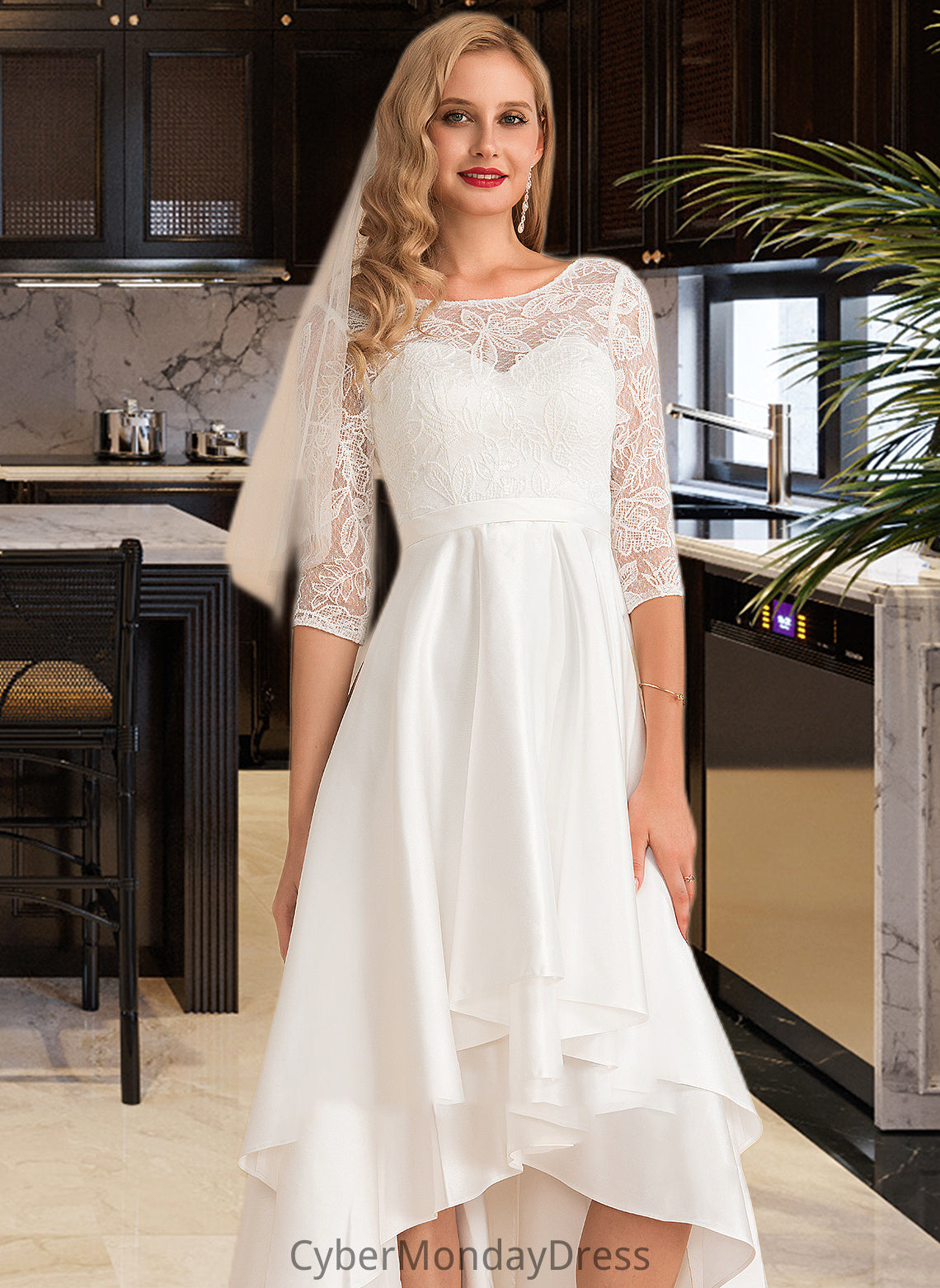 Kiana A-Line Scoop Neck Asymmetrical Satin Lace Wedding Dress DTP0013684