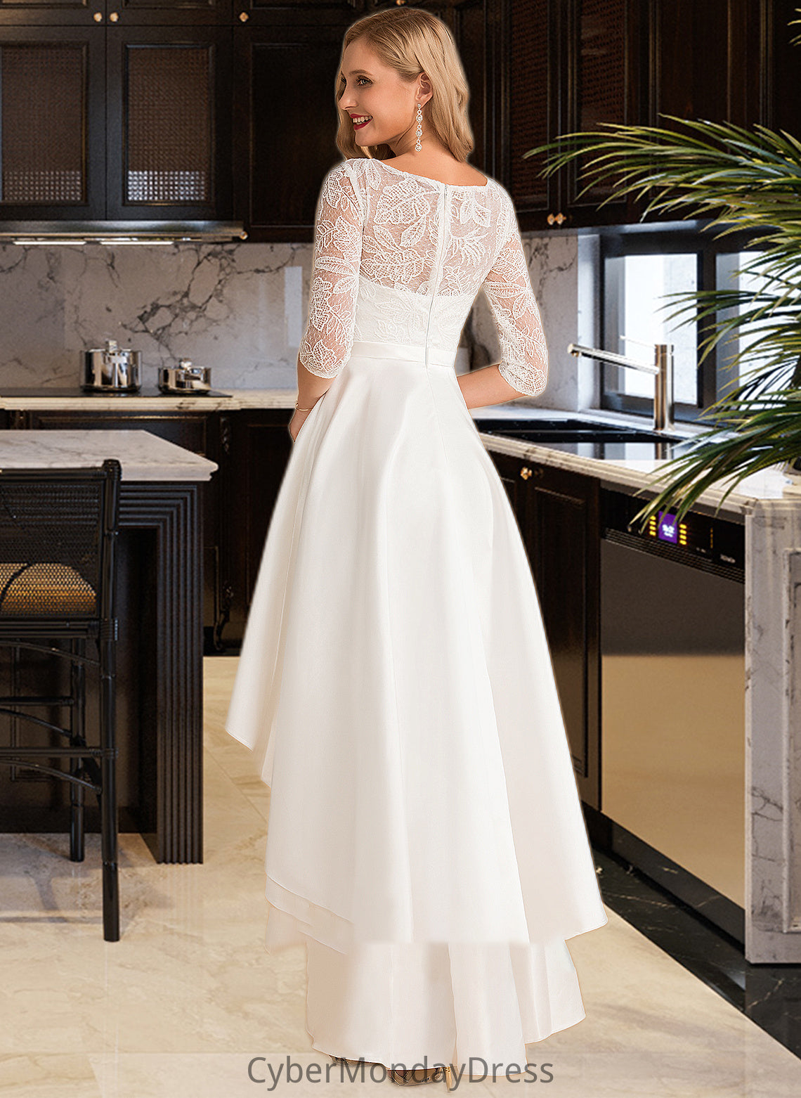 Kiana A-Line Scoop Neck Asymmetrical Satin Lace Wedding Dress DTP0013684