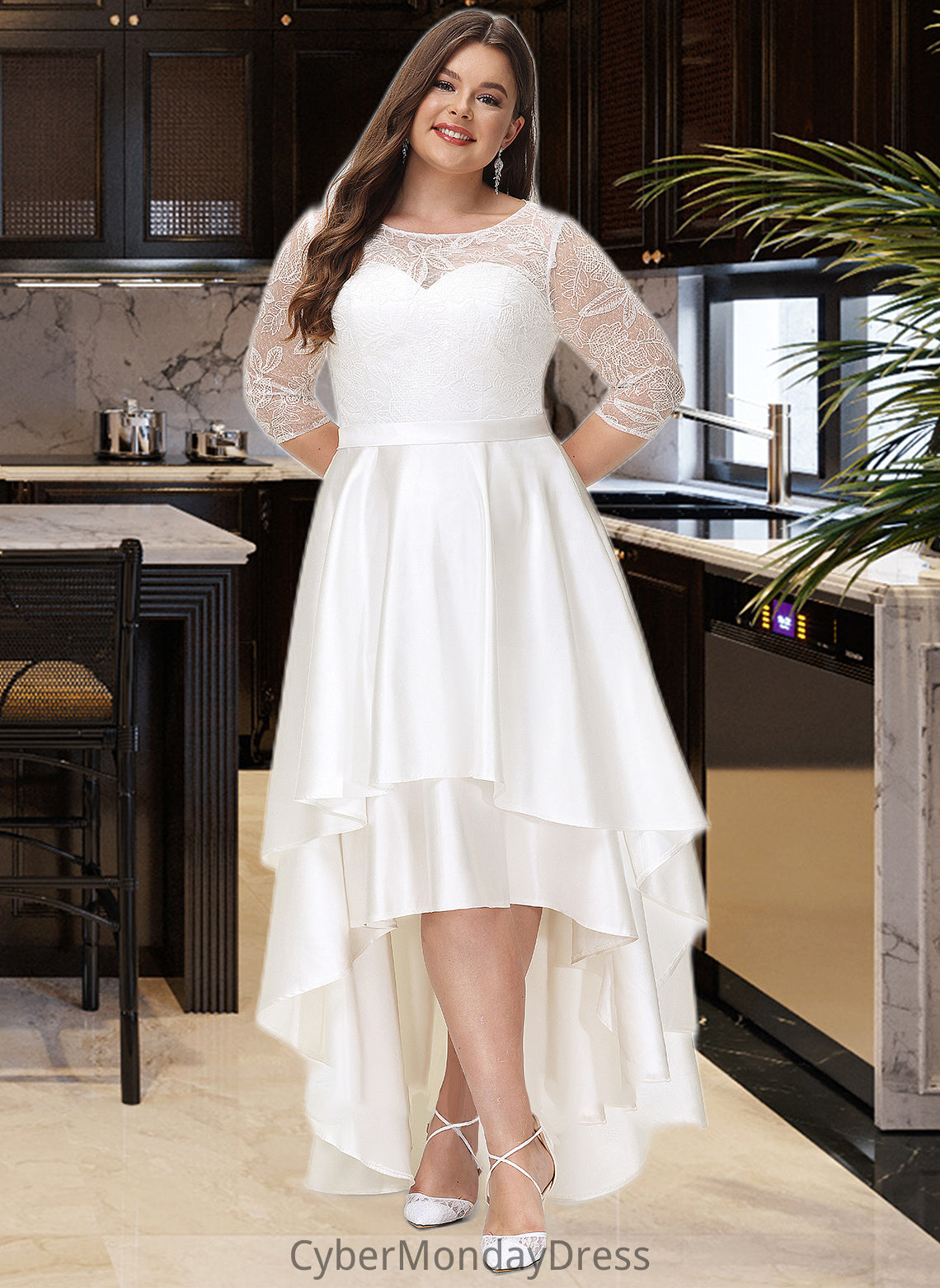 Kiana A-Line Scoop Neck Asymmetrical Satin Lace Wedding Dress DTP0013684