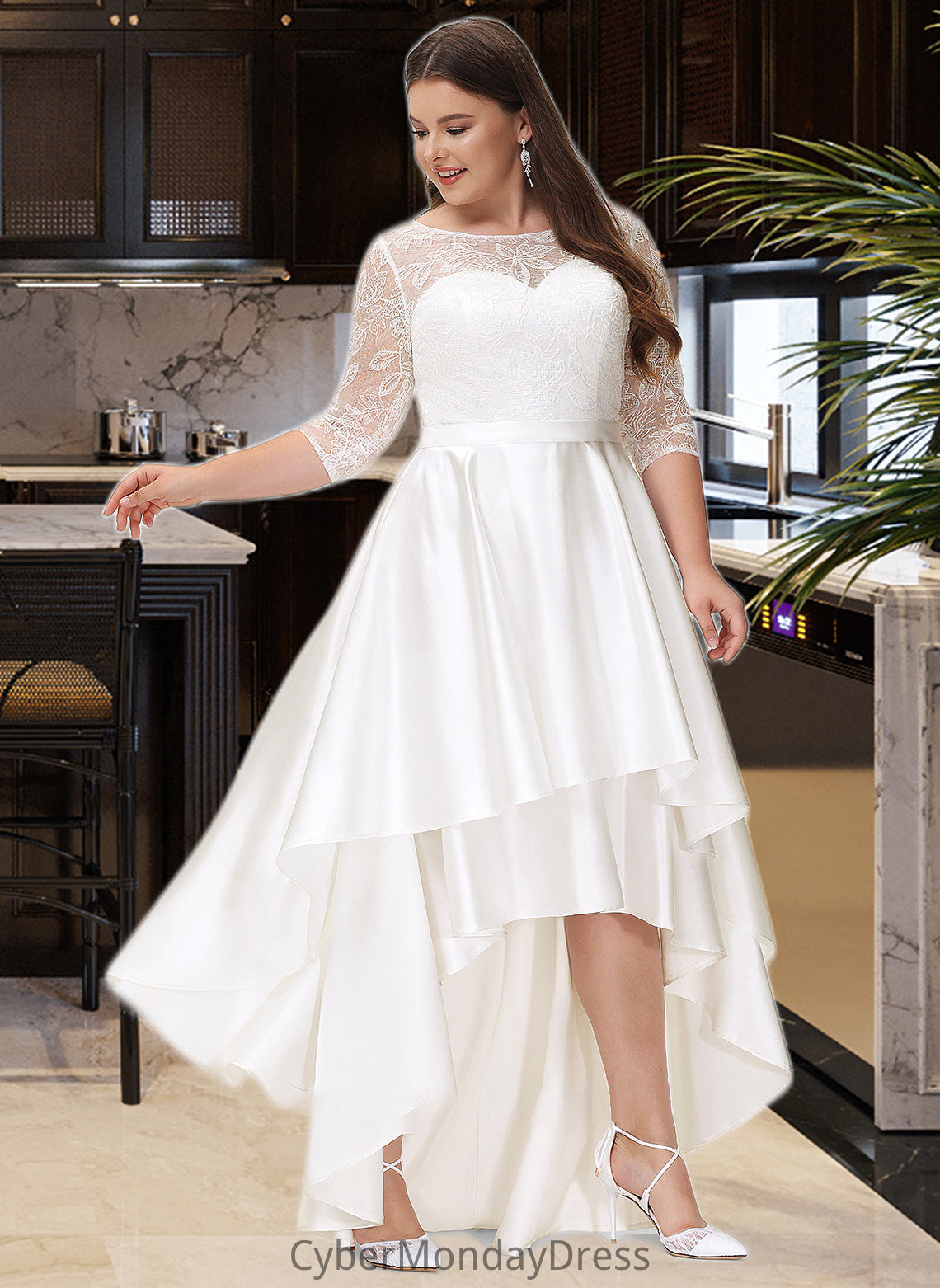 Kiana A-Line Scoop Neck Asymmetrical Satin Lace Wedding Dress DTP0013684