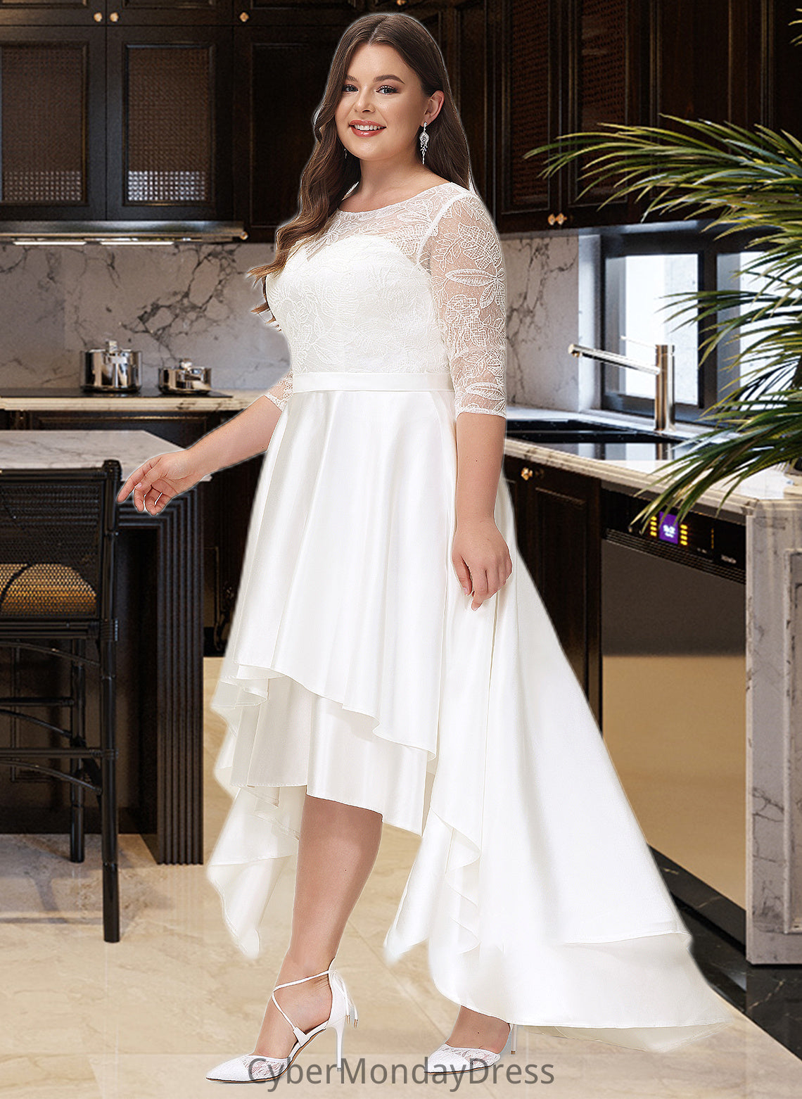 Kiana A-Line Scoop Neck Asymmetrical Satin Lace Wedding Dress DTP0013684