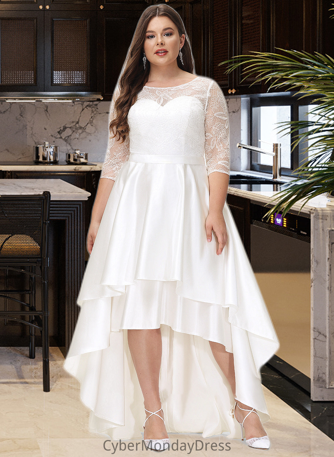 Kiana A-Line Scoop Neck Asymmetrical Satin Lace Wedding Dress DTP0013684