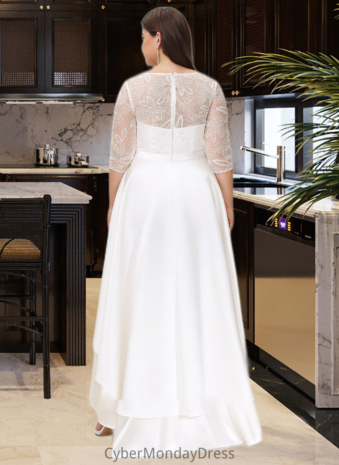 Kiana A-Line Scoop Neck Asymmetrical Satin Lace Wedding Dress DTP0013684