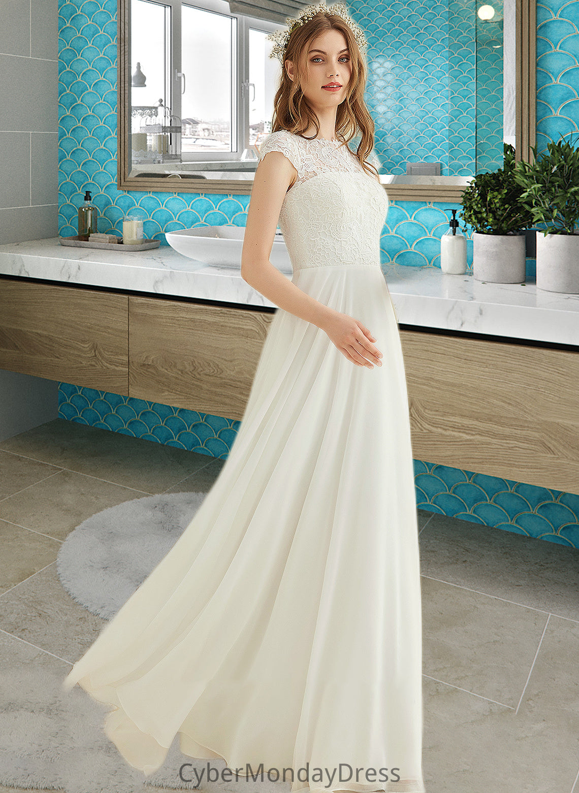 Kathryn A-Line Floor-Length Chiffon Lace Wedding Dress DTP0013687