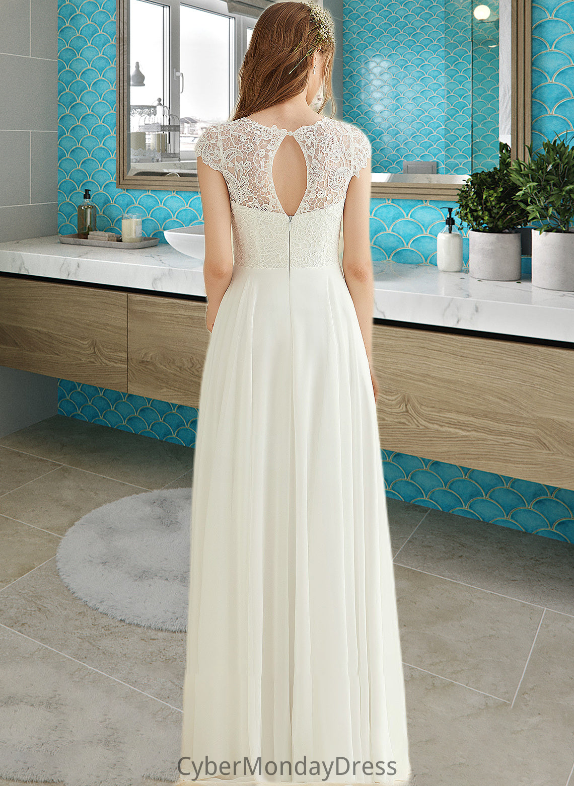 Kathryn A-Line Floor-Length Chiffon Lace Wedding Dress DTP0013687